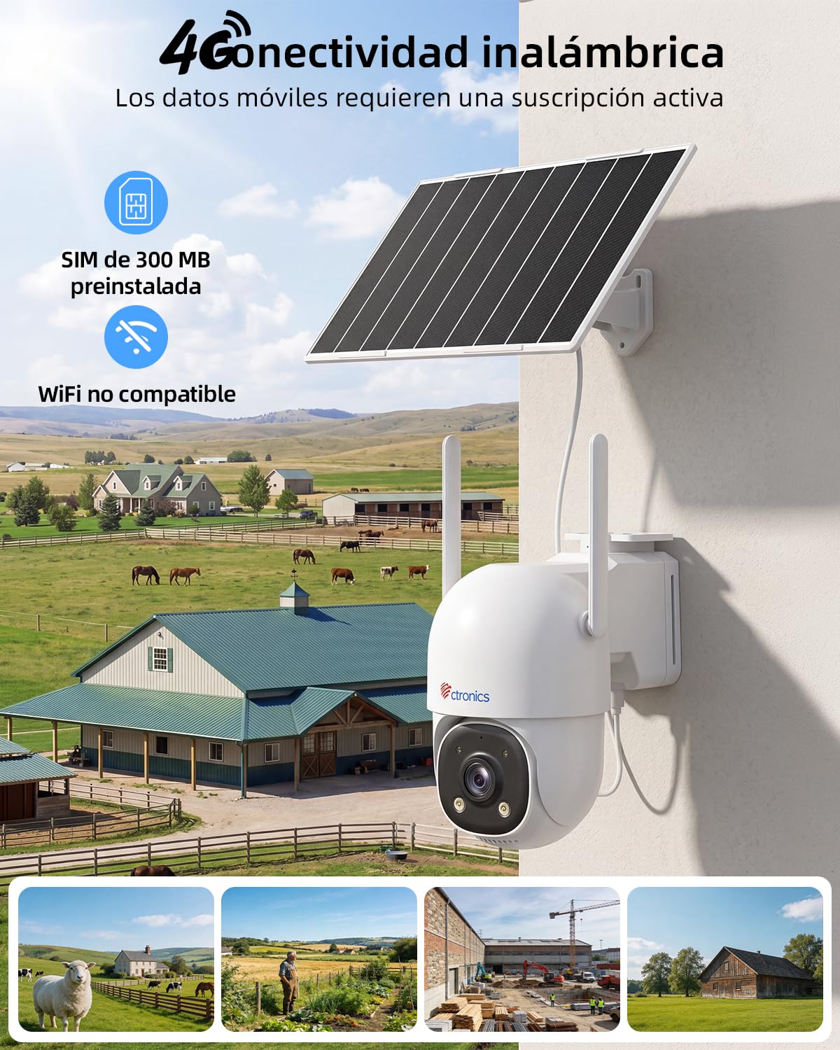Ctronics AOV Cámara de Vigilancia–Grabación 24/7,Seguimiento Auto 30m | Soporte SIM incluido，Panel Solar 8W, Batería 13500mAh, Detección Humana y Seguimiento Auto 30 m, PTZ, IP66