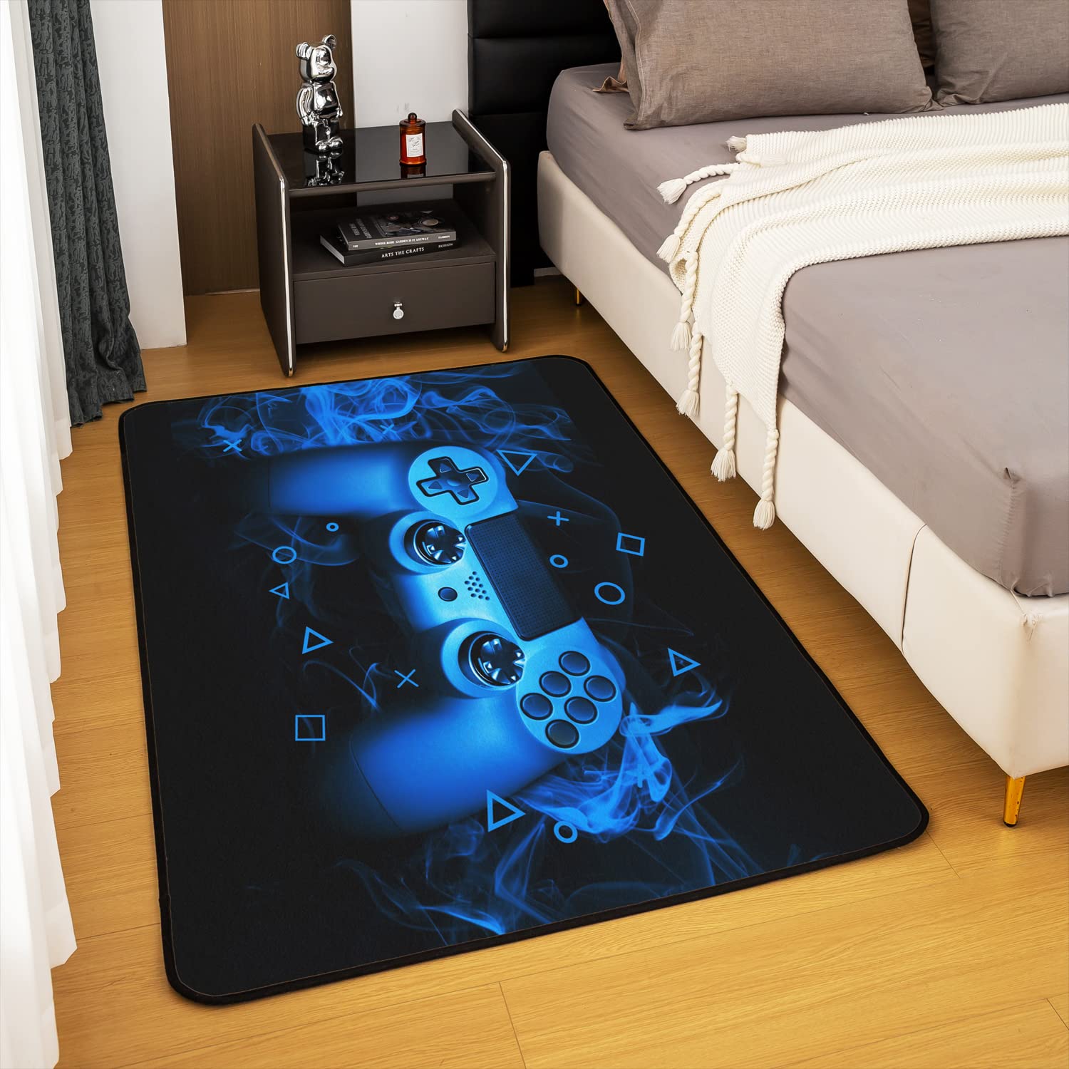 Tapis De Salon Gamer 100x150 Cm – Motif Manette Bleu, Décoration Chambre Gaming Moderne Antidérapant