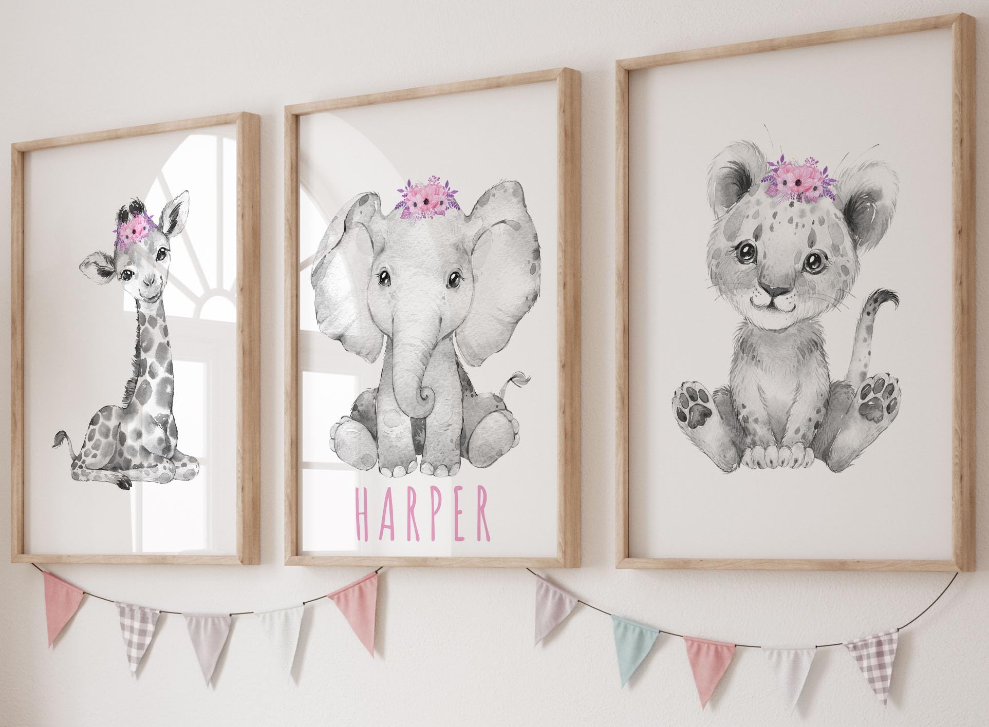 Safari Animals Baby Girls Nursery Prints Unframed Set of 3 with Personalised Name, Bedroom Nursery Wall Art Decor Gift Present in Grey Pink Purple, Giraffe Elephant Lion (A5)