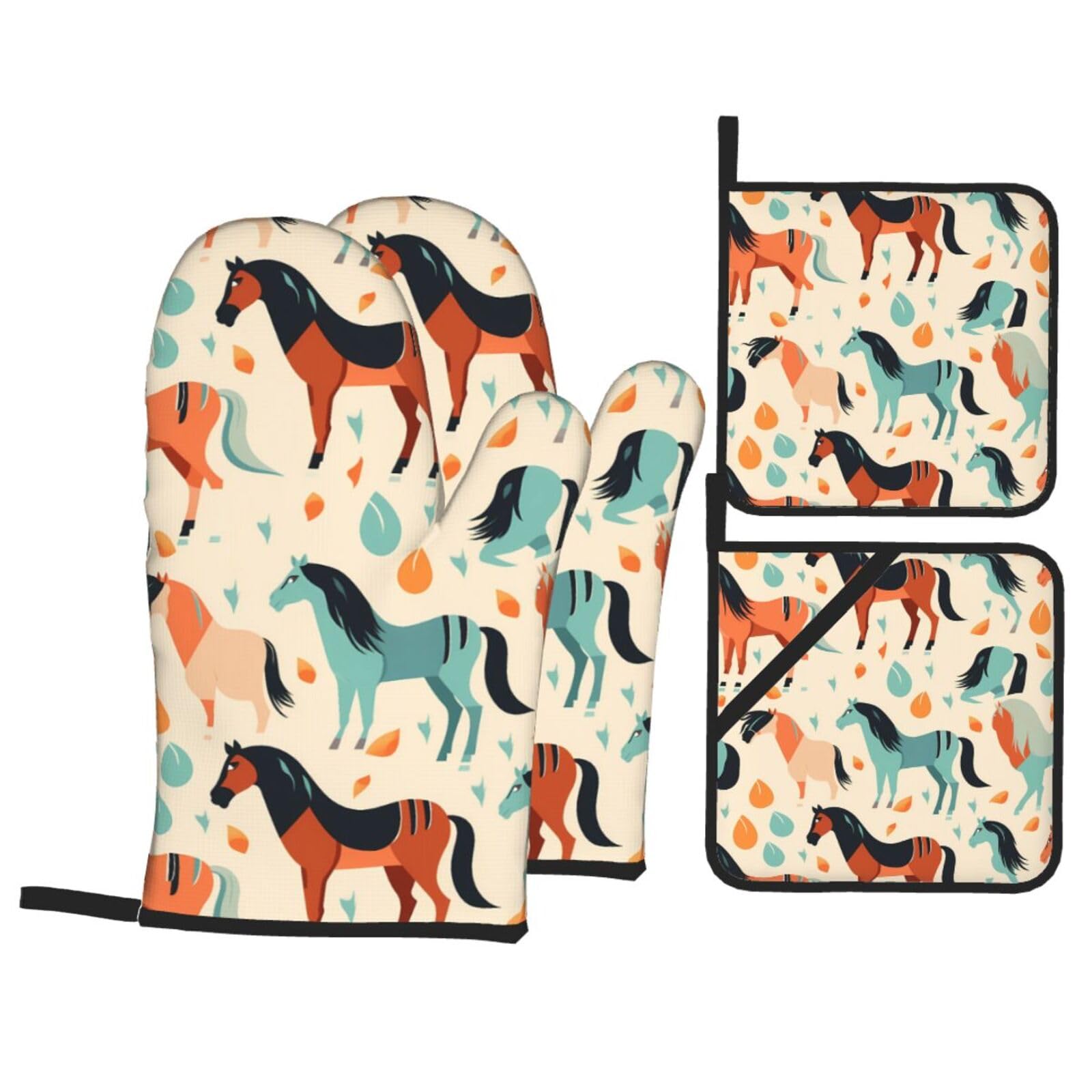 HJFCZH Animal Horse Picture Kitchen Baking Set of 4 Thick Insulated Oven Mitt & Pot Holders, Anti-Scalding for Microwave, Oven, Outdoor BBQ