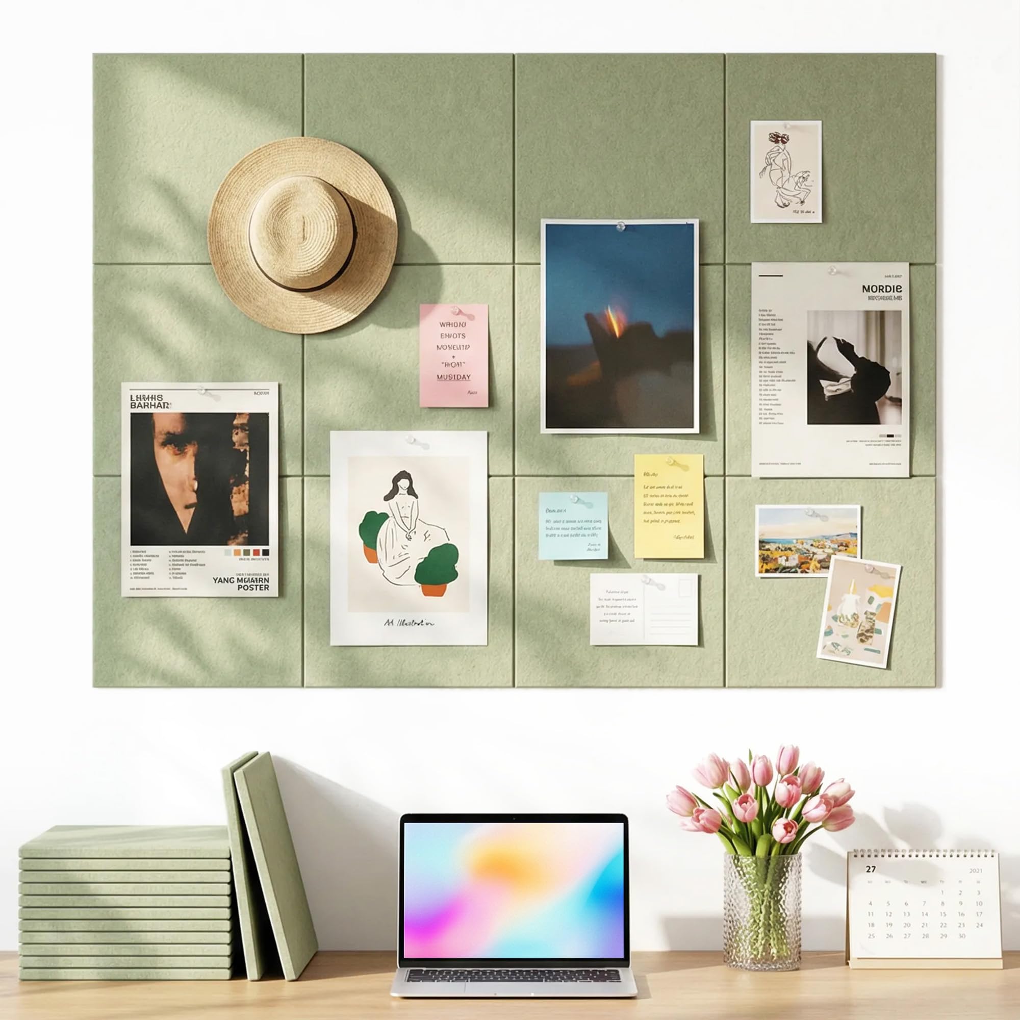 Aothia Large Felt Notice Board - 90x120cm Cork Board Alternative-12 Pack Felt Pin Board Tiles with 40 Pushpins,Thick Felt Bulletin Boards for Home Office Classroom Pin Board-Grass Green