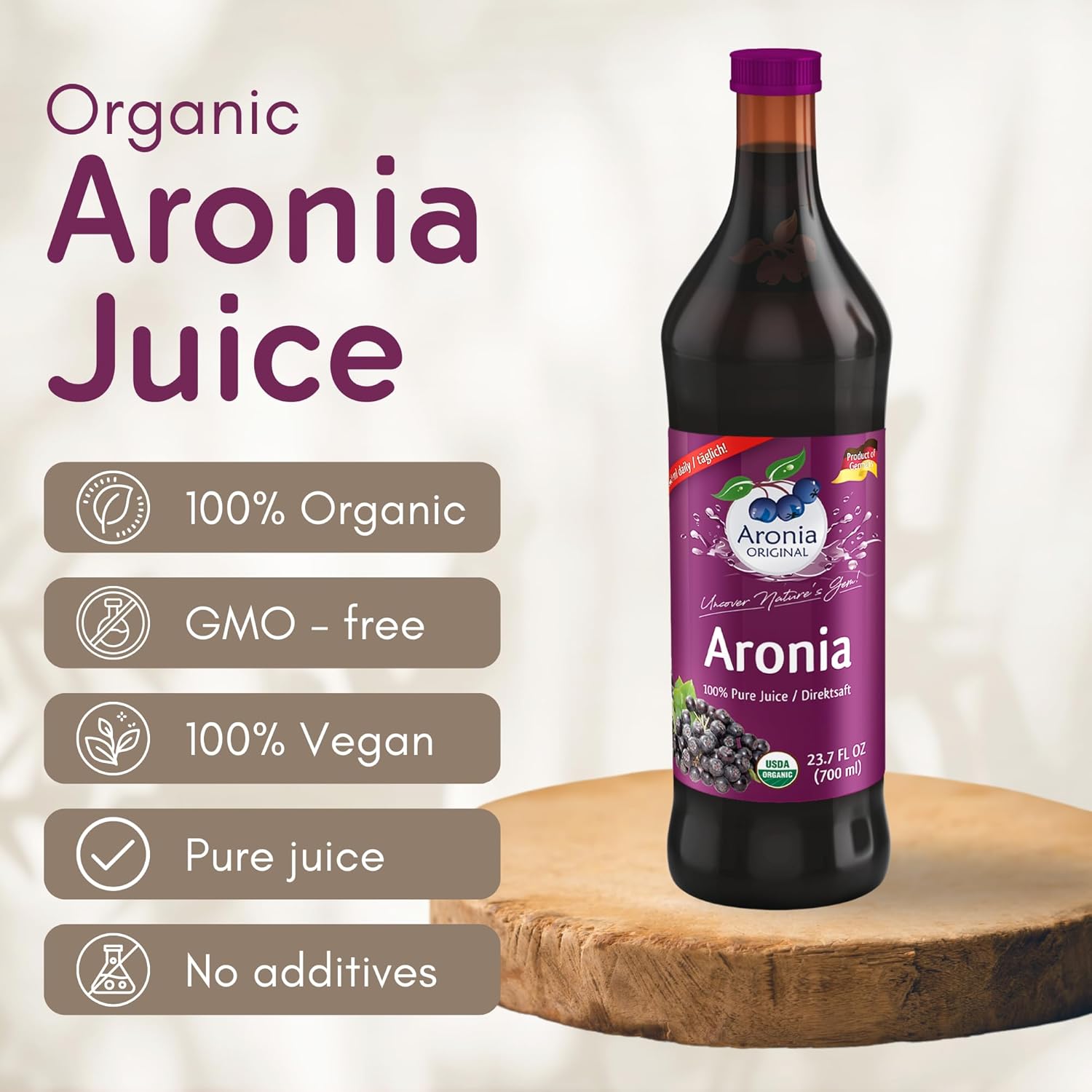 Aronia Original Organic Aronia Berry Juice 23.7 Fl Oz - 100% Pure Chokeberry Juice, Not from Concentrate, Amber Glass Bottle - No Additives, Vegan & Non-GMO