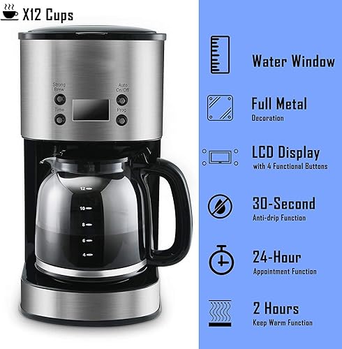 Cafetera de goteo de 12 tazas cafetera programable cafetera de apagado automático cafetera de vidrio para mantener el calor de 2 horas taza de