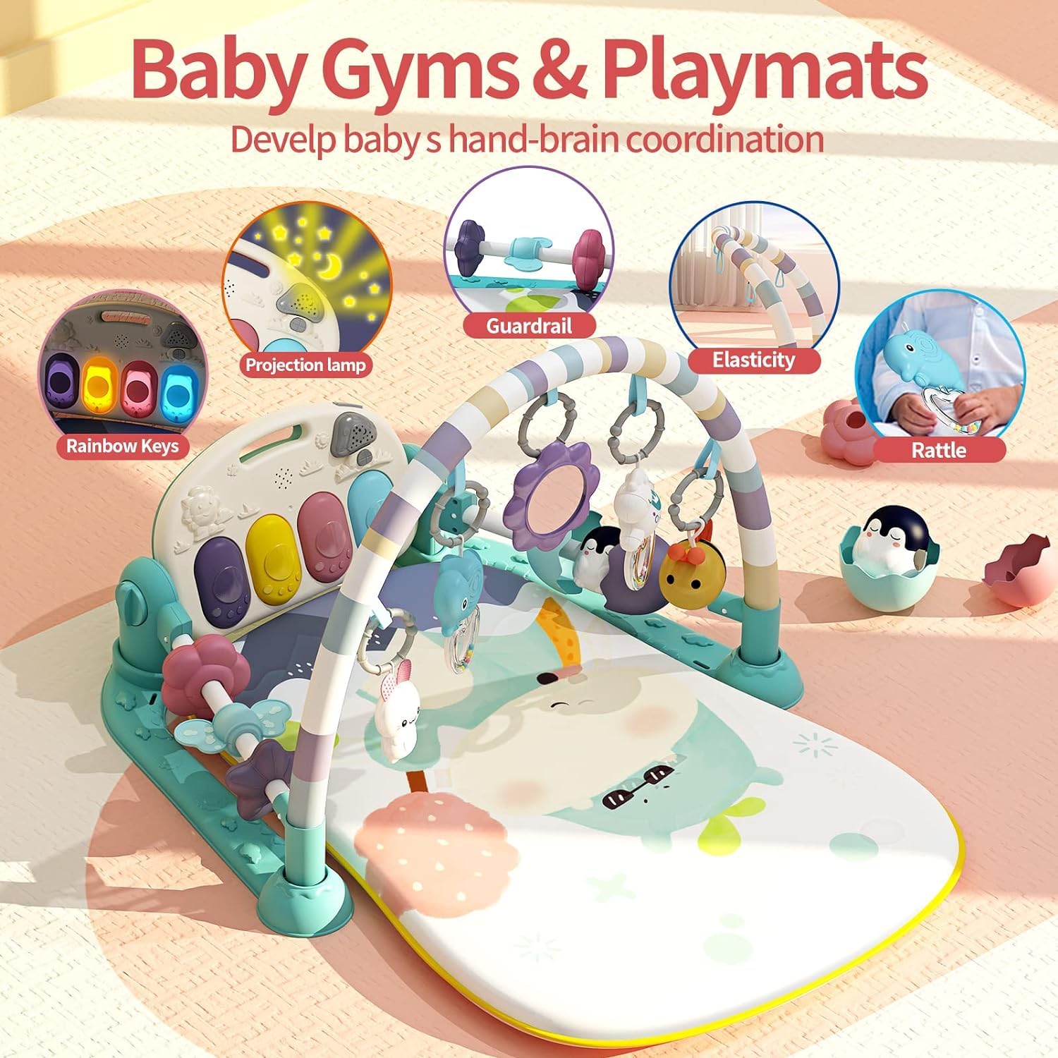 Palestre per Bambini Tappetini da Gioco con Pianoforte, Tappeto per Gattonare con Musica e Luci, Tappeto per Bambini con Arco di Gioco e 5 Giochi per Bambini Rimovibili, Regalo per Neonati 0-36 Mesi
