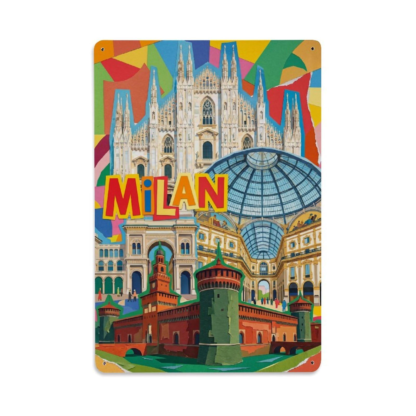Olhnbad Style Cityscape Milan Italy Collage City Travel Metal Tin Sign