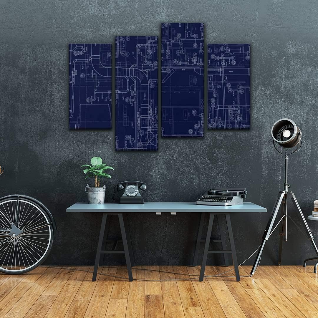 HIPOLOTUS 4 Panel Canvas Pictures HVAC Blueprint Wall Art Prints Paintings Stretched & Framed Poster Home Living Room Decoration Ready to Hang Color9