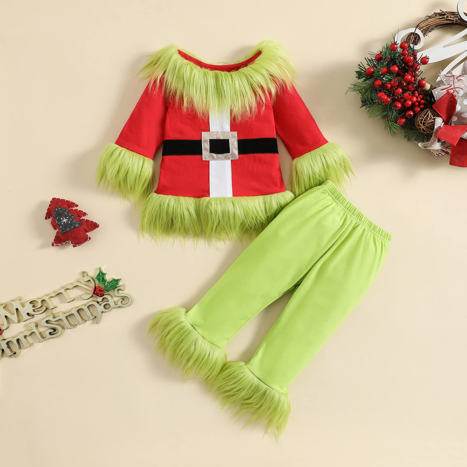 Sexy outfit Dziecięcy zielony zestaw kostiumów Świętego Mikołaja Pluszowe topy i spodnie Świąteczne przebranie dla chłopców dziewcząt w wieku 1-10 lat