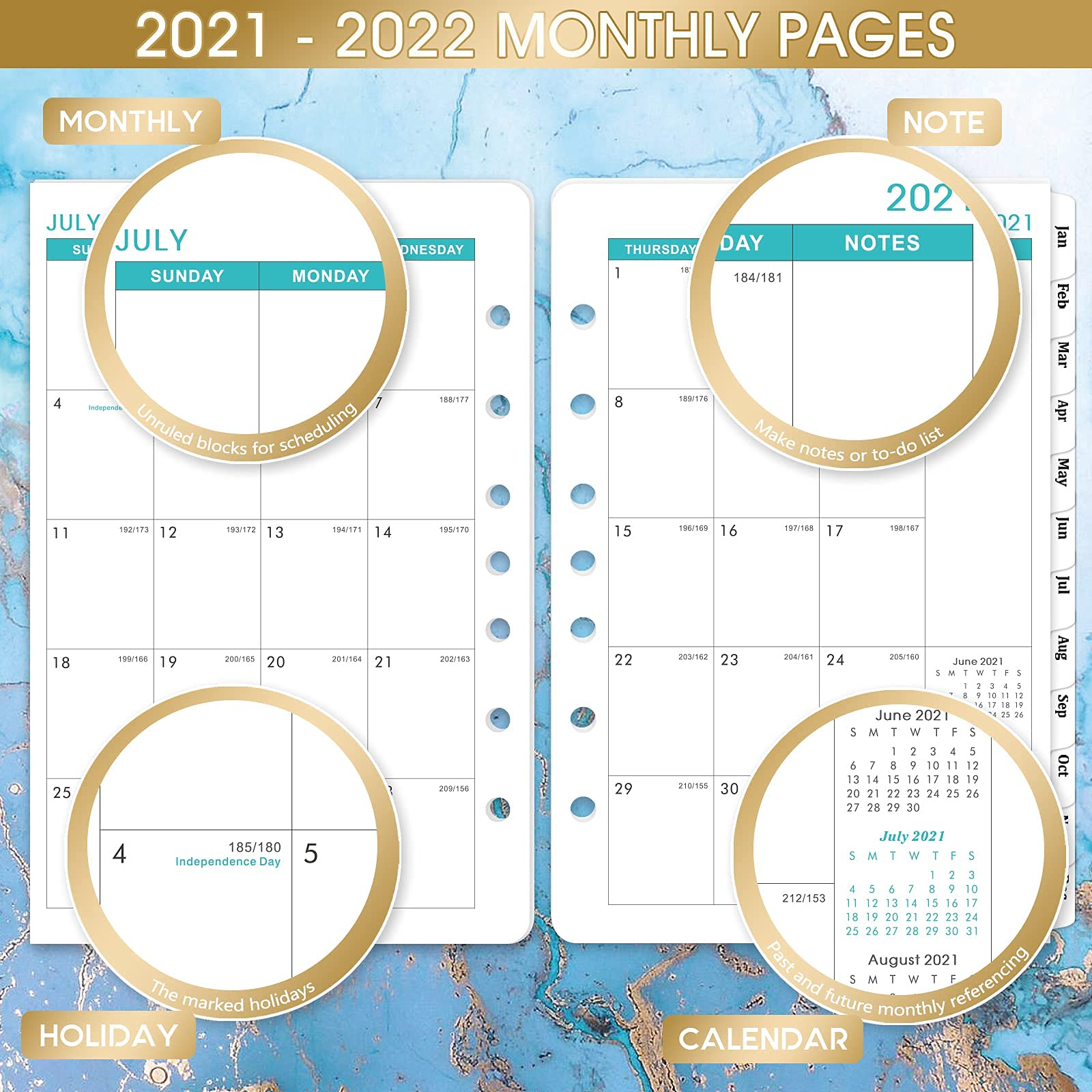 2022 Monthly Planner Refill 7Hole Punched Paper, A5 Planner Inserts