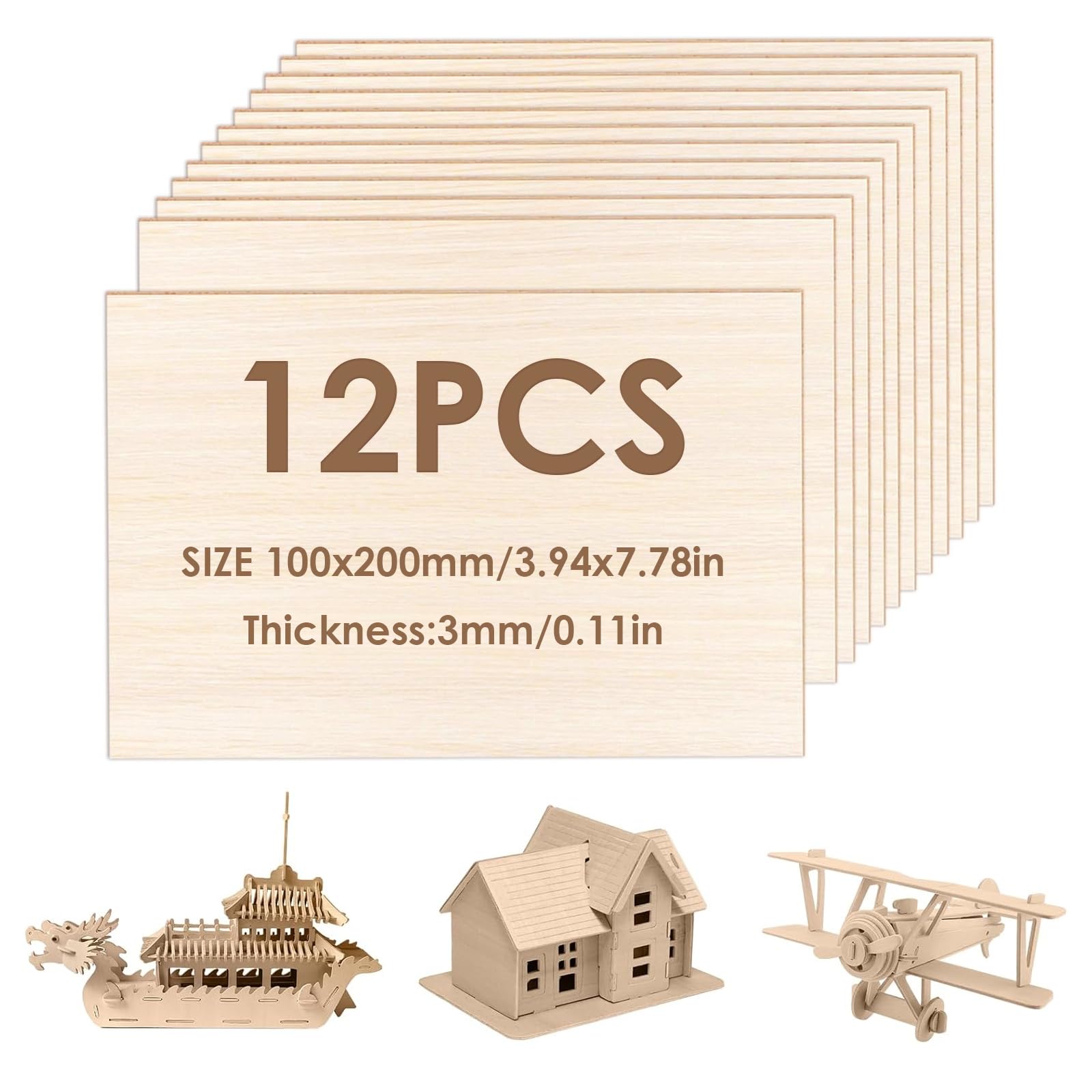 Balsa Wood Craft Sheets for DIY Projects, 12 Pieces, 200x100x3mm, Natural Color