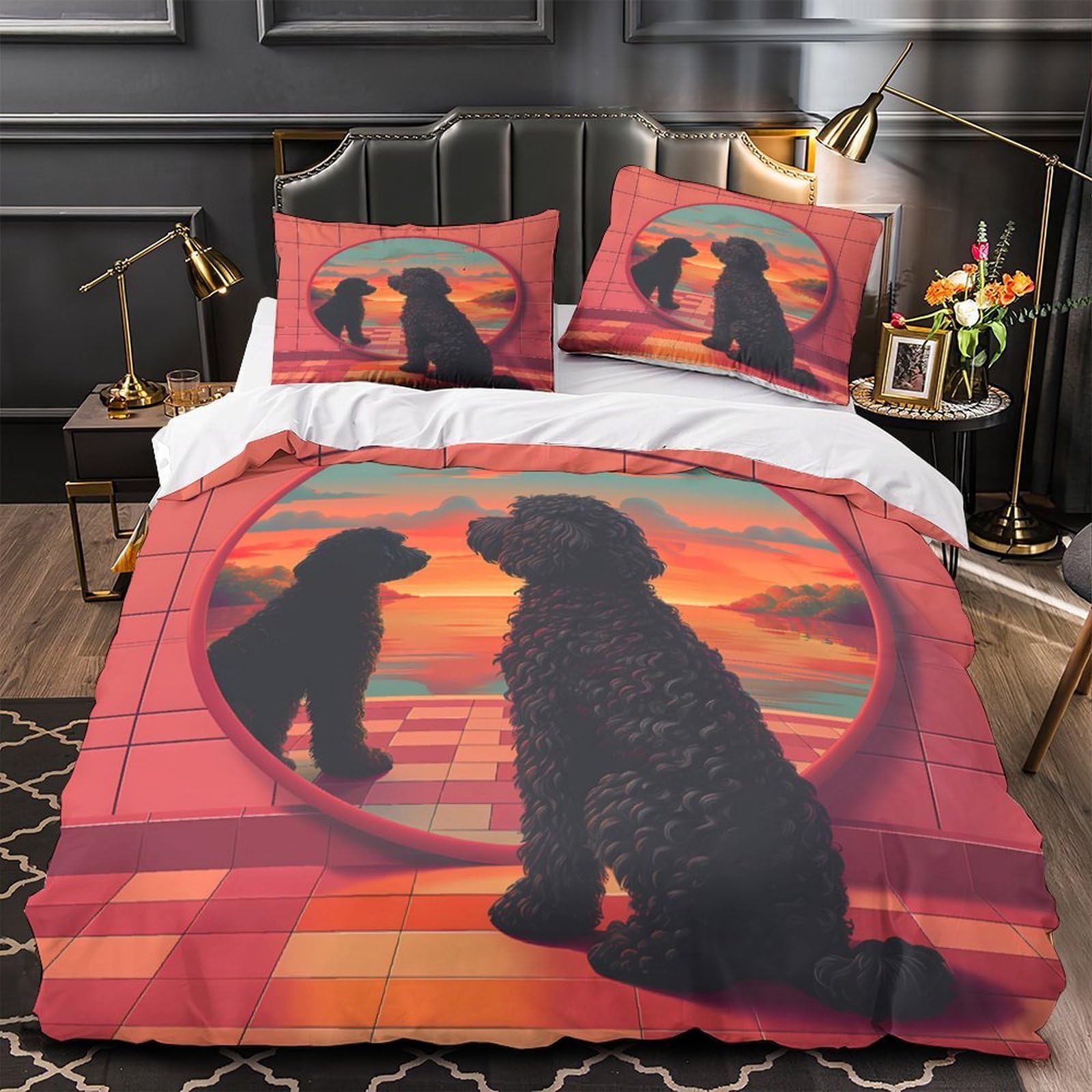 Housse de couette caniche noir 140x200 parure lit microfibre