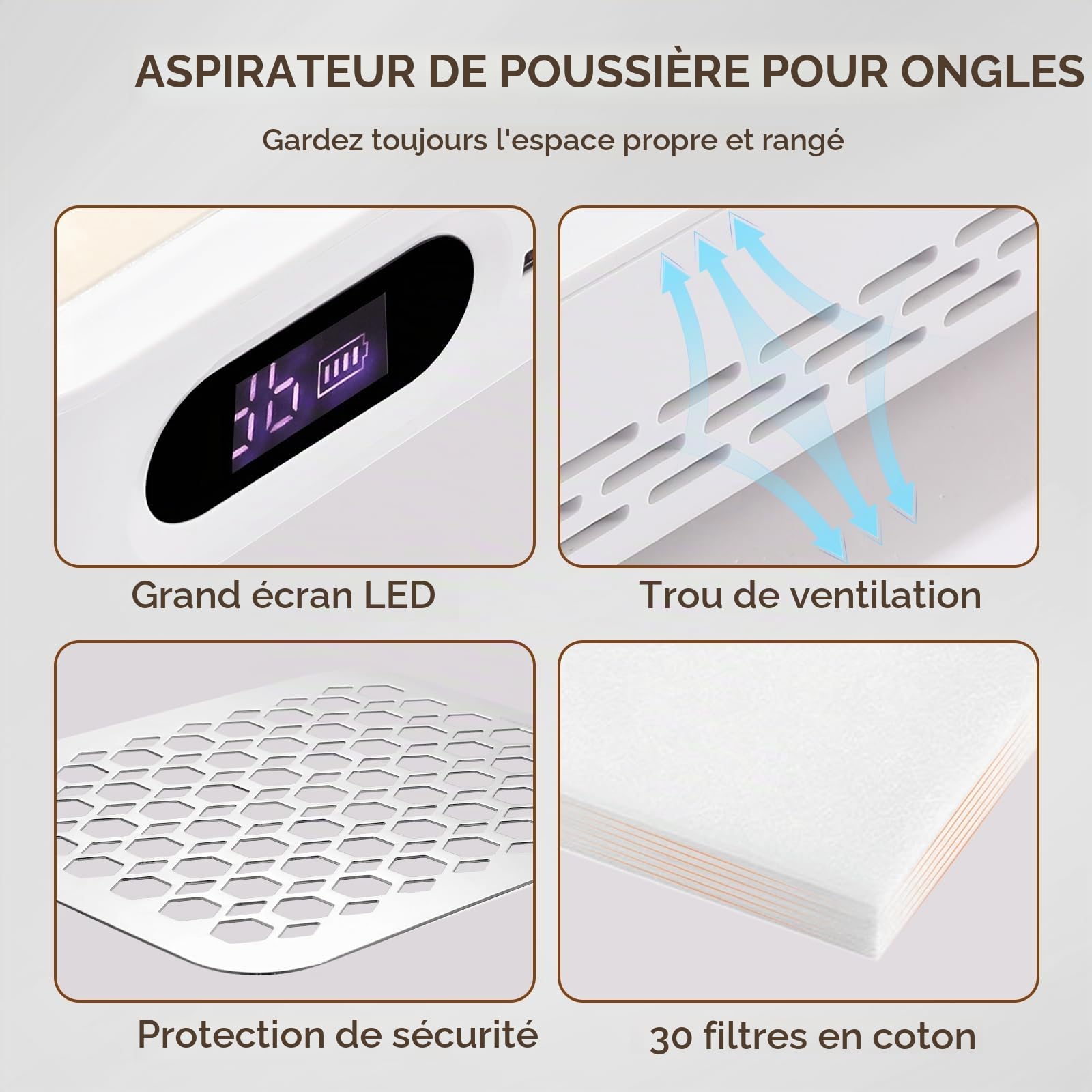 Aspirateur Ongle 800Pa, Rechargeable Aspiration Outil de Salon 5000 TR/Min