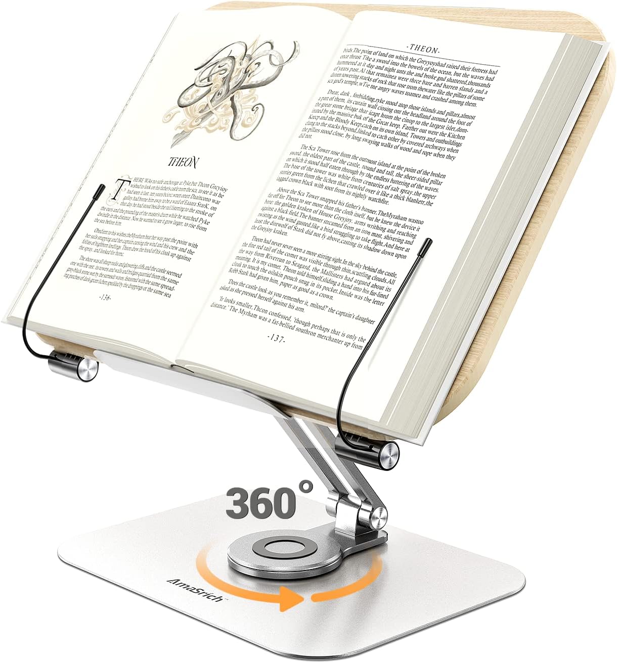 Book Stand for Reading, Adjustable Holder with 360° Rotating Base & Page Clips, Foldable Desktop Ricer for Cookbook,Sheet Music,Laptop,Recipe,Textbook,Hands Free,Wood,Aluminium