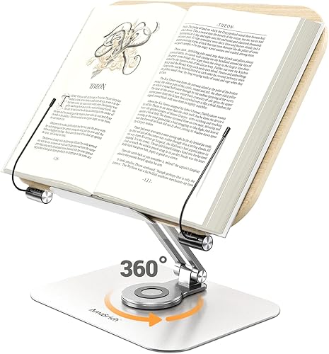 Soporte de libro para lectura soporte ajustable Amasrich con base giratoria de 360 y clips de página plegable para libros de cocina partituras