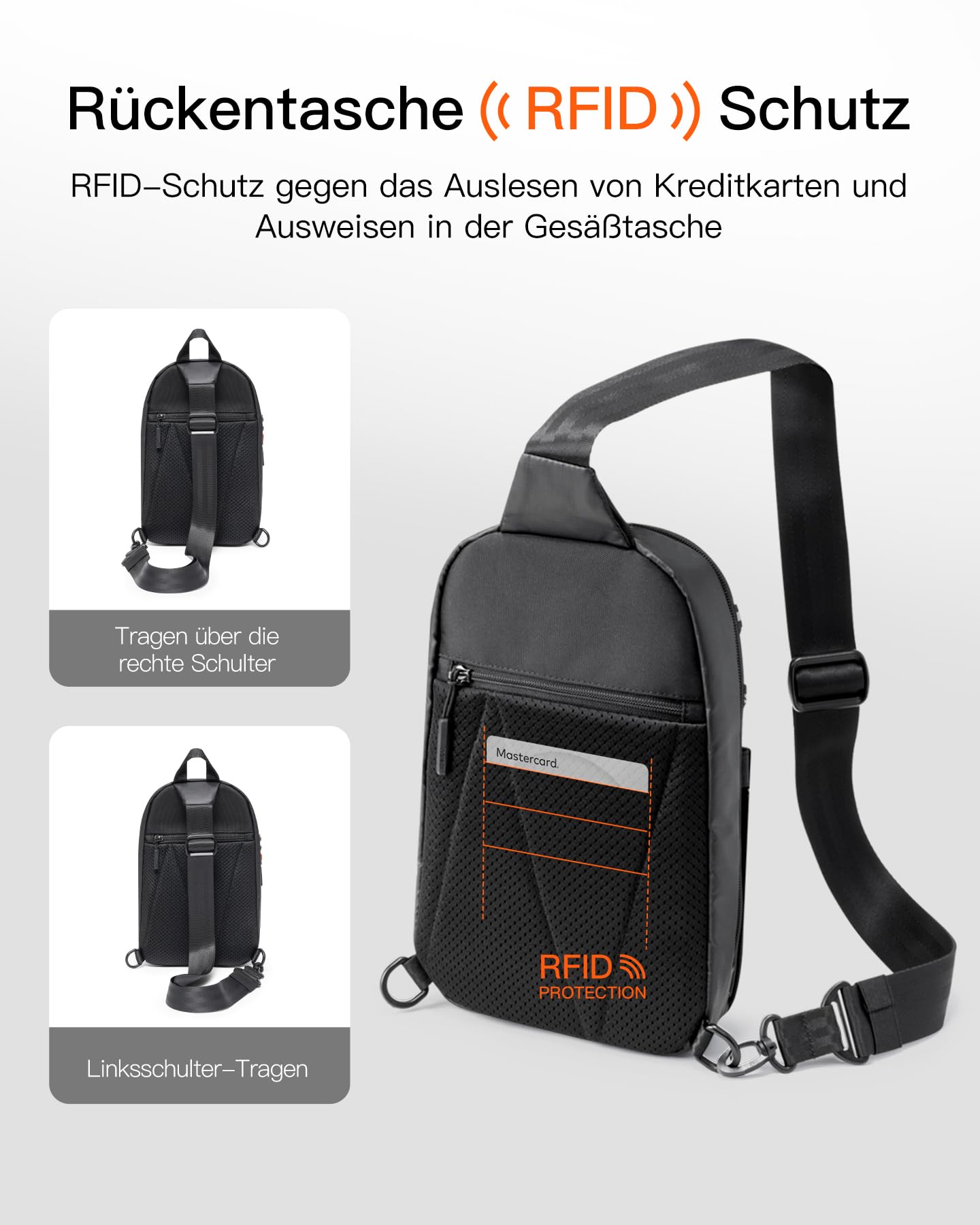 Inateck Sling Bag X-Row, Leichte Herren Umhängetasche Spritzwassergeschützte Brusttasche Crossbody Bag für Wandern, Reisen, Spaziergang, Schwarz