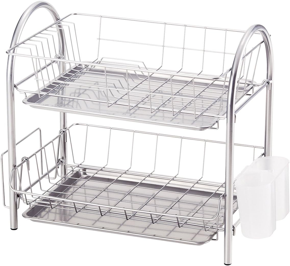 Wahei Freiz PM-9017 Iron Dish Drainer, Plonge, 2 Tiers, Powder Coating, Cutlery Pocket, Cutting Board Holder