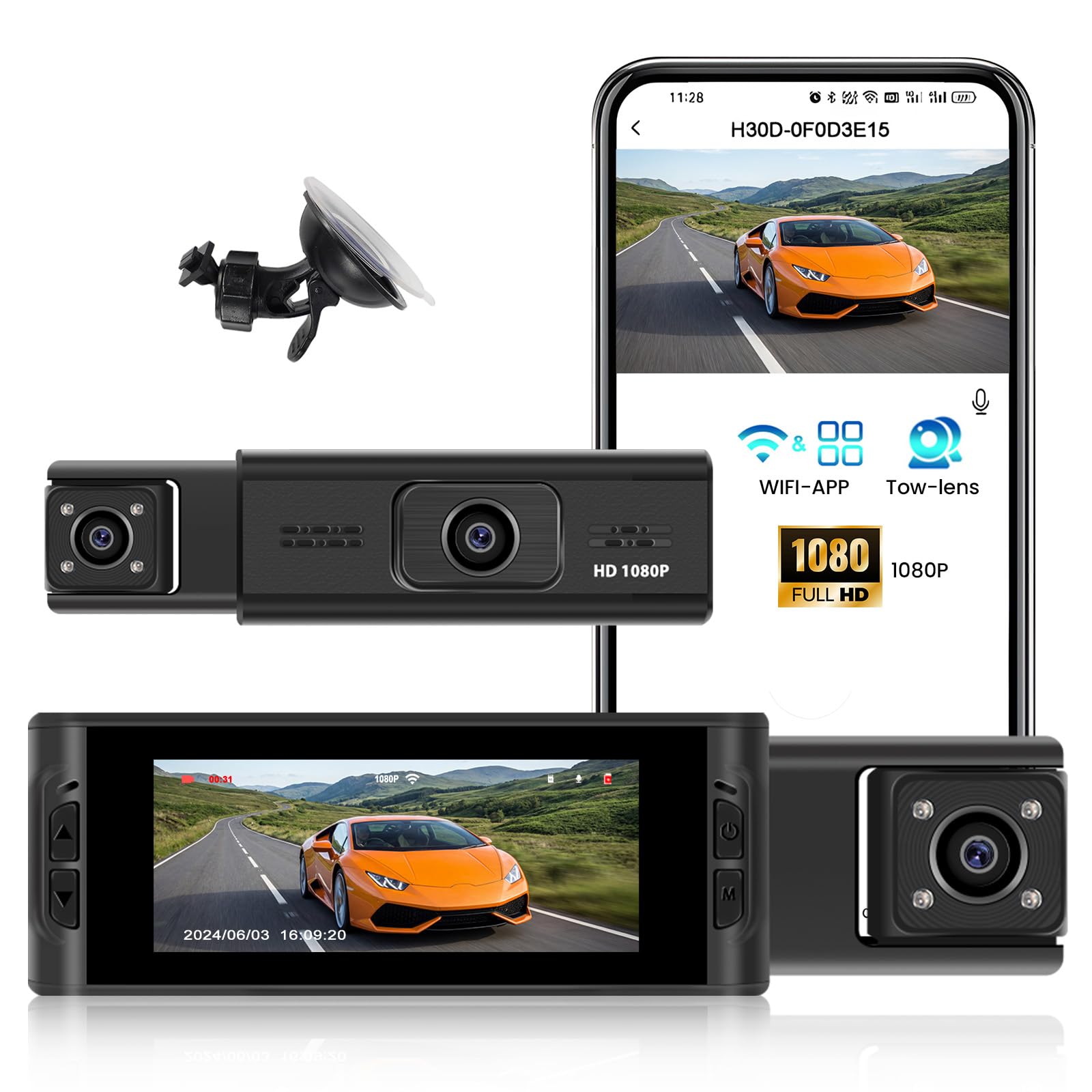 CAMECHO Vision Nocturne Dashcam 1080P kamera samochodowa przód i tył z WiFi 3,16-calowy ekran 2-kanałowa dashcam z nagrywaniem w pętli wykrywaniem ruchu