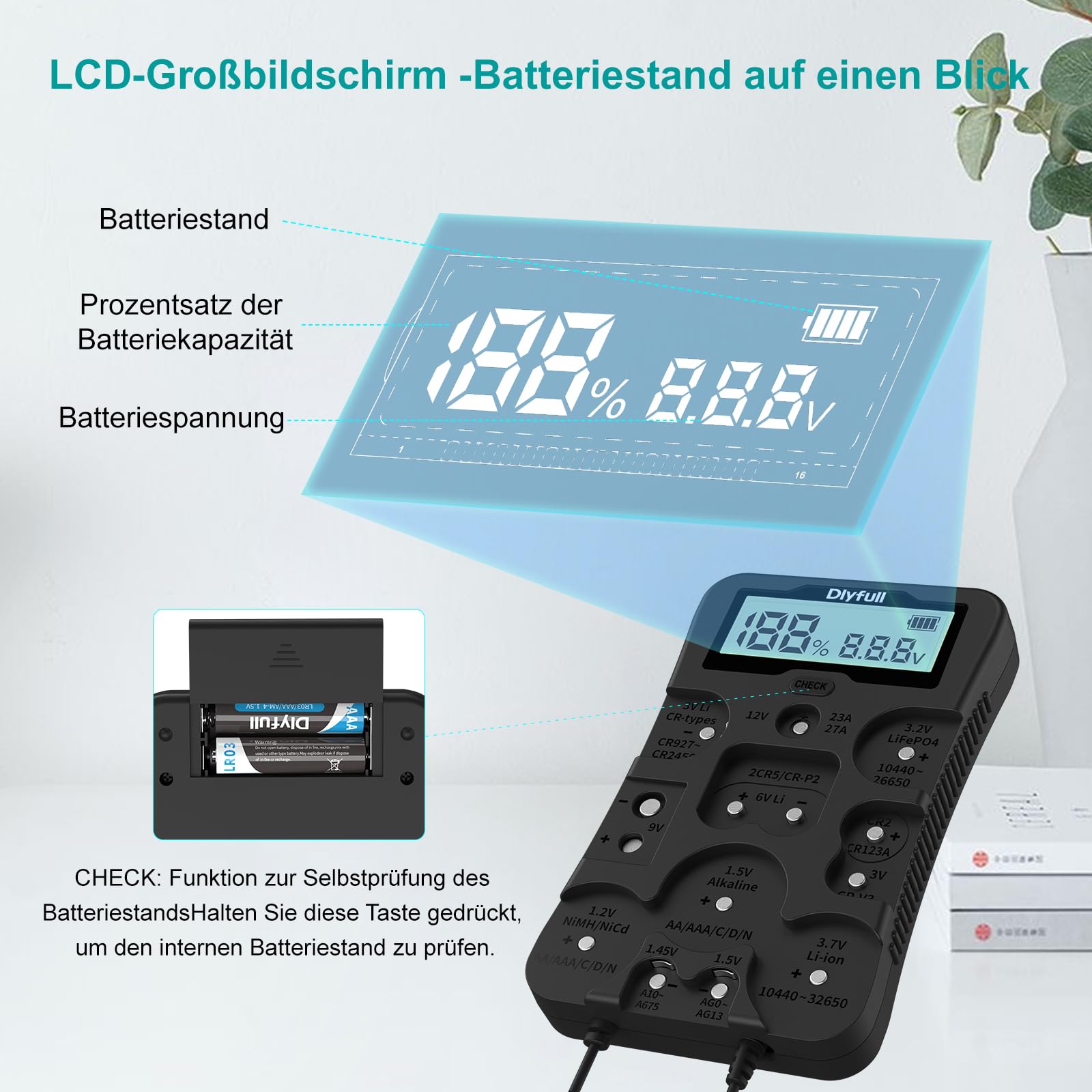 Dlyfull Tester Universale per Batterie AAA AA C D 9V CR123A CR2032 Display LCD 1,5V 3V