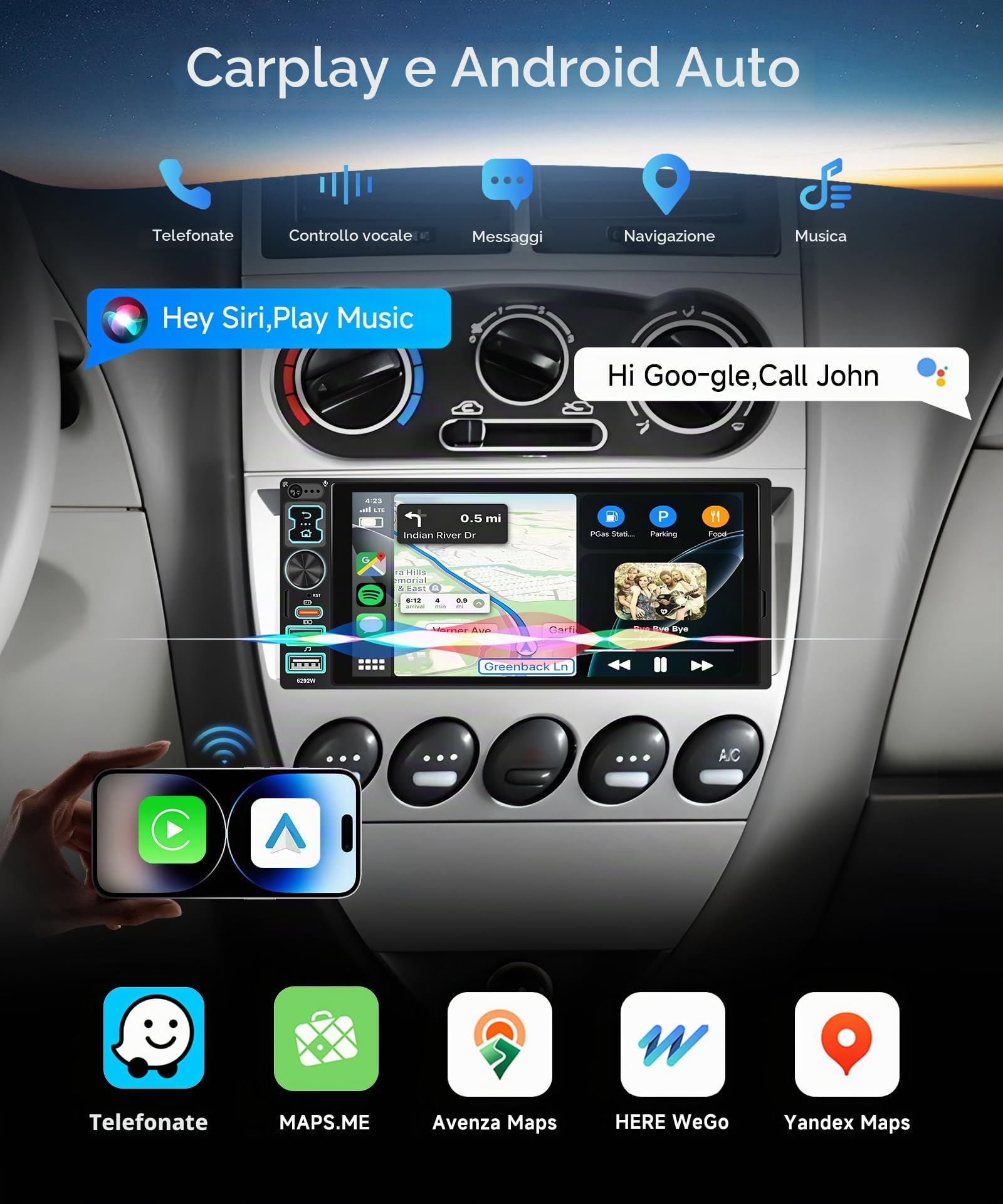 VECHTEL 6,8" Autoradio 1 Din con Carplay Android Auto Wireless,Bluetooth Radio FM con touchscreen IPS,inchiostro a specchio,EQ,WiFi Navi GPS,USB/Type-C,autoradio con schermo/comandi al volante