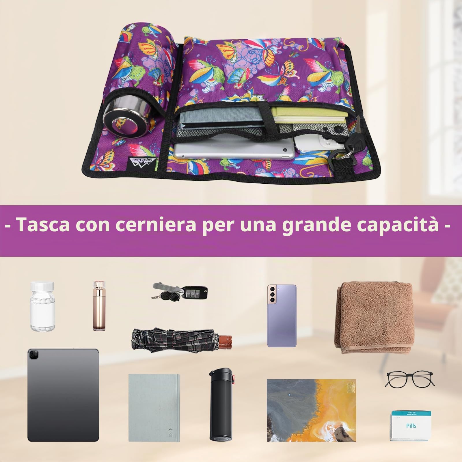 supregear Borsa per Sedia a Rotelle con Portabicchieri, Borsa per Girello Resistente All'acqua Cestino Accessori per Camminatore Pieghevole per Sedie a Rotelle, Deambulatori, Scooter (Farfalla Viola)