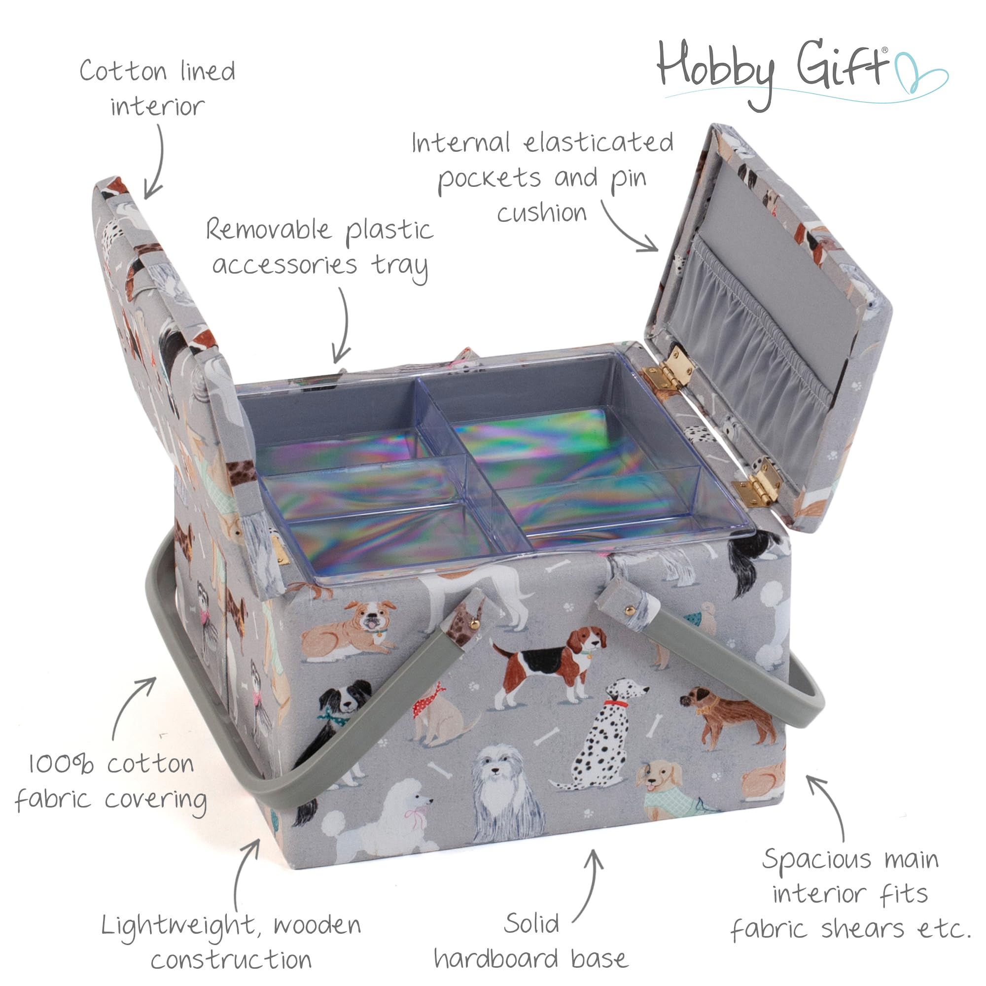 Hobby Gift Ekskluzywne duże pudełko do szycia z podwójną pokrywą, pudełko do przechowywania rękodzieła, taca na akcesoria, poduszka na szpilki, uchwyty pcv, 25 x 25 x 17 cm, szare psy