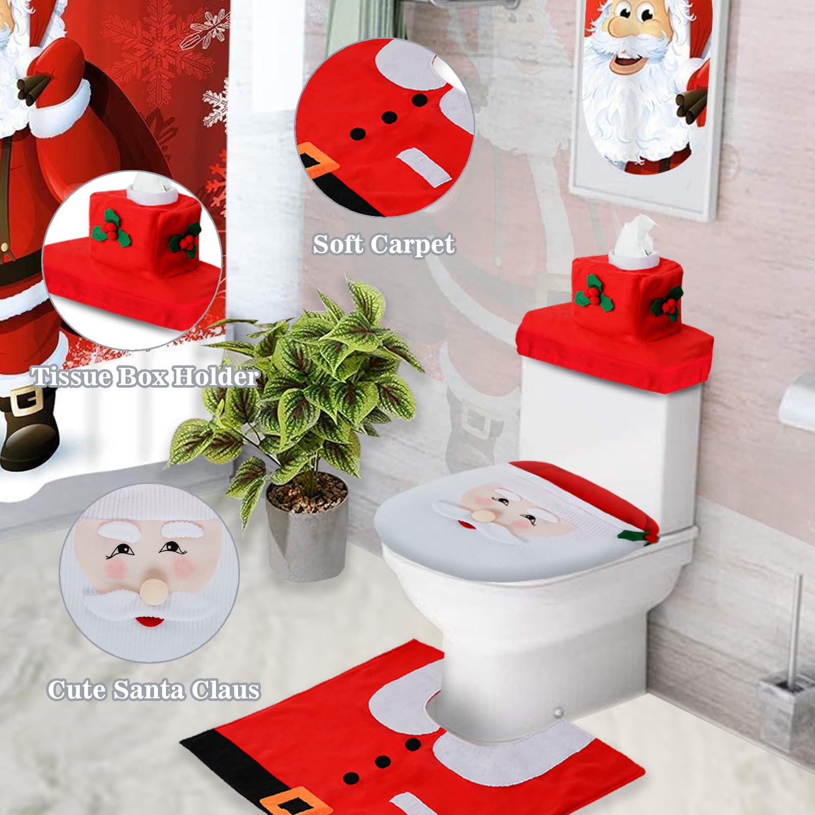 TraderPlus 3-Piece Santa Toilet Seat Cover Set - Christmas Bathroom Decor With Rug & Tissue Box Cover