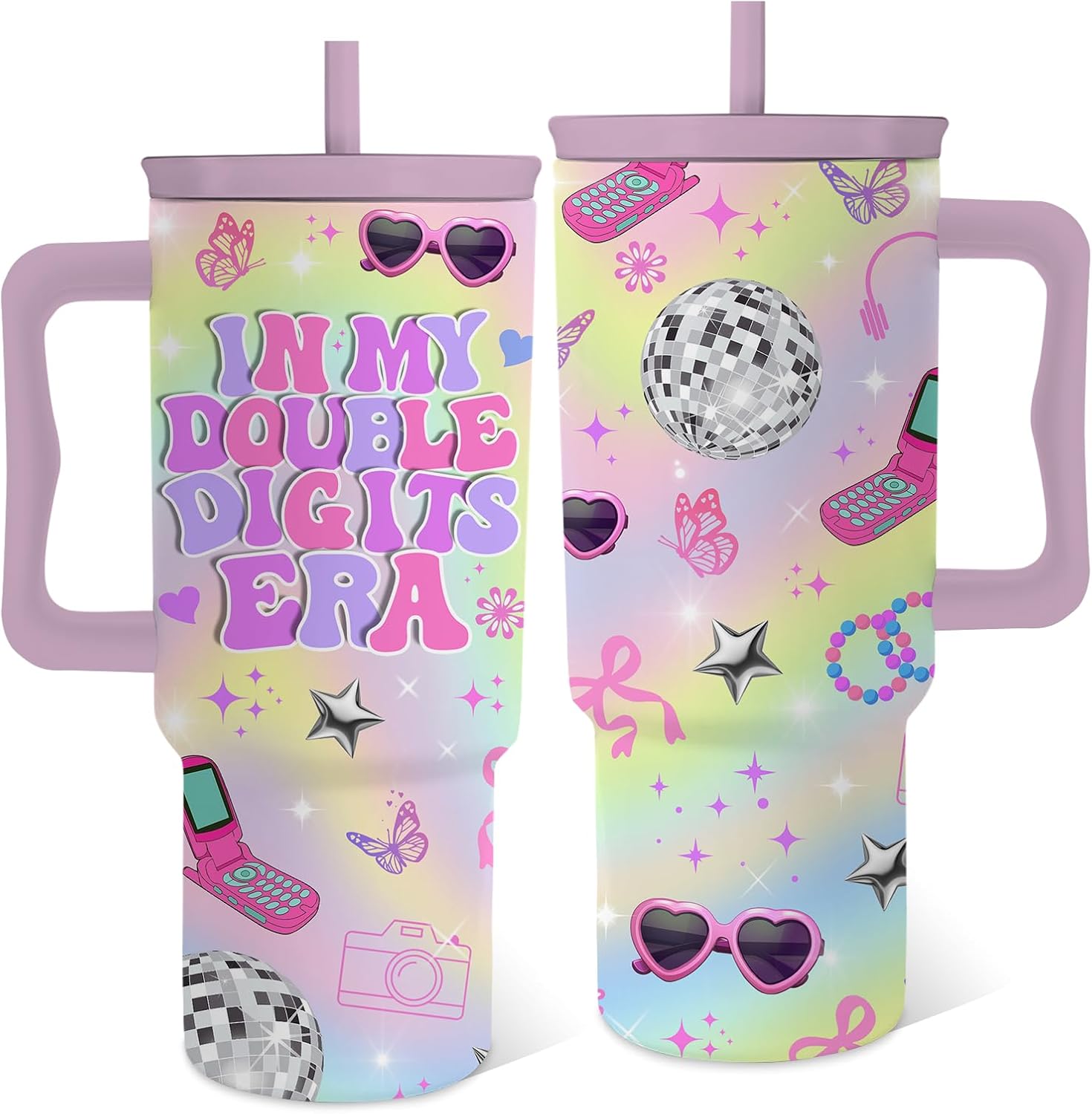 Hiboss Birthday Gifts for 10 Year Old Girls, in My Double Digits Era Tumbler with Handle 24oz, 10th Birthday Gifts for Girls, Iridescent Girl Music Disco Theme Party Cup