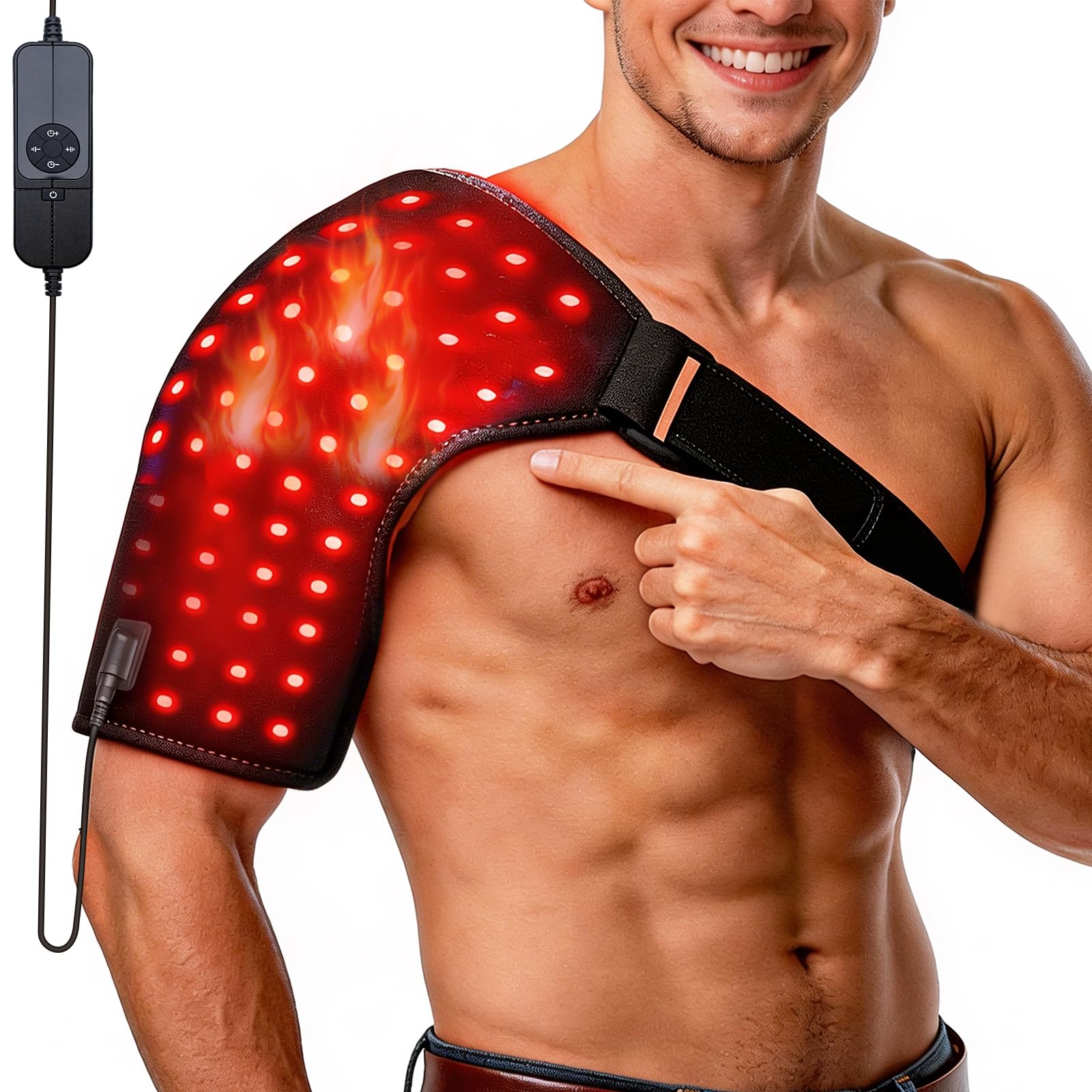 Photo 1 of **ITEMS FACTORY SEALED** Weltallina Red Light Therapy Shoulder Wrap with Heating, 110 LEDs 660nm & 850nm Infrared Light Belt, Timer & Pulse Modes, for Pain Relief & Muscle Recovery, Black, Wired