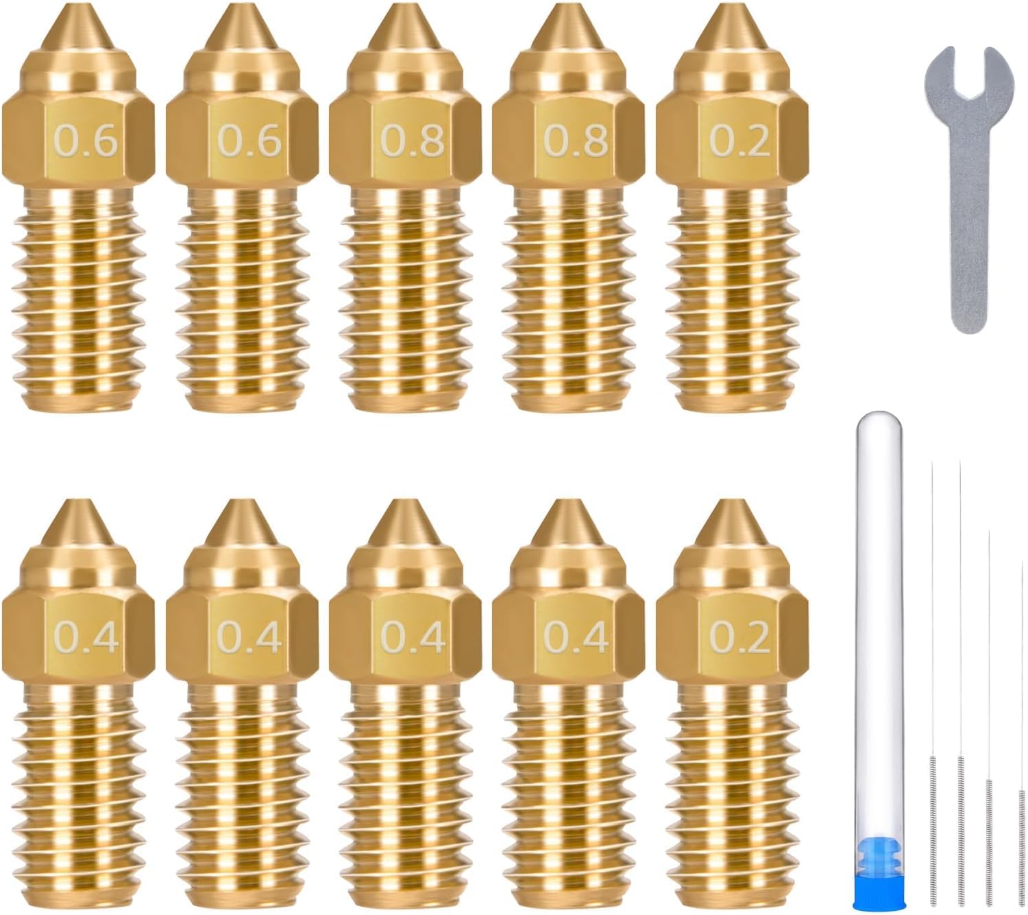 ELEGOO 10pcs Multi Size Nozzles for Neptune 4 and Neptune 4 Pro 3D Printer, Brass Hotend Nozzles 0.2/0.4/0.6/0.8mm with Cleaning Kits