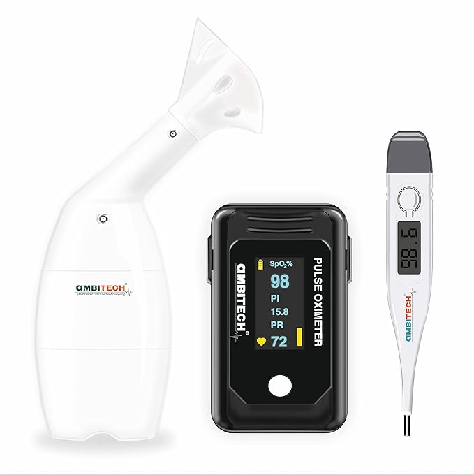 AmbiTech Healthcare Kit- Pulse Oximeter with SpO2 Perfusion Index OLED Display Steam Vaporiser Digital Thermometer (Made in India)(1 YEAR WARRANTY), Multicolor at Rs. 999