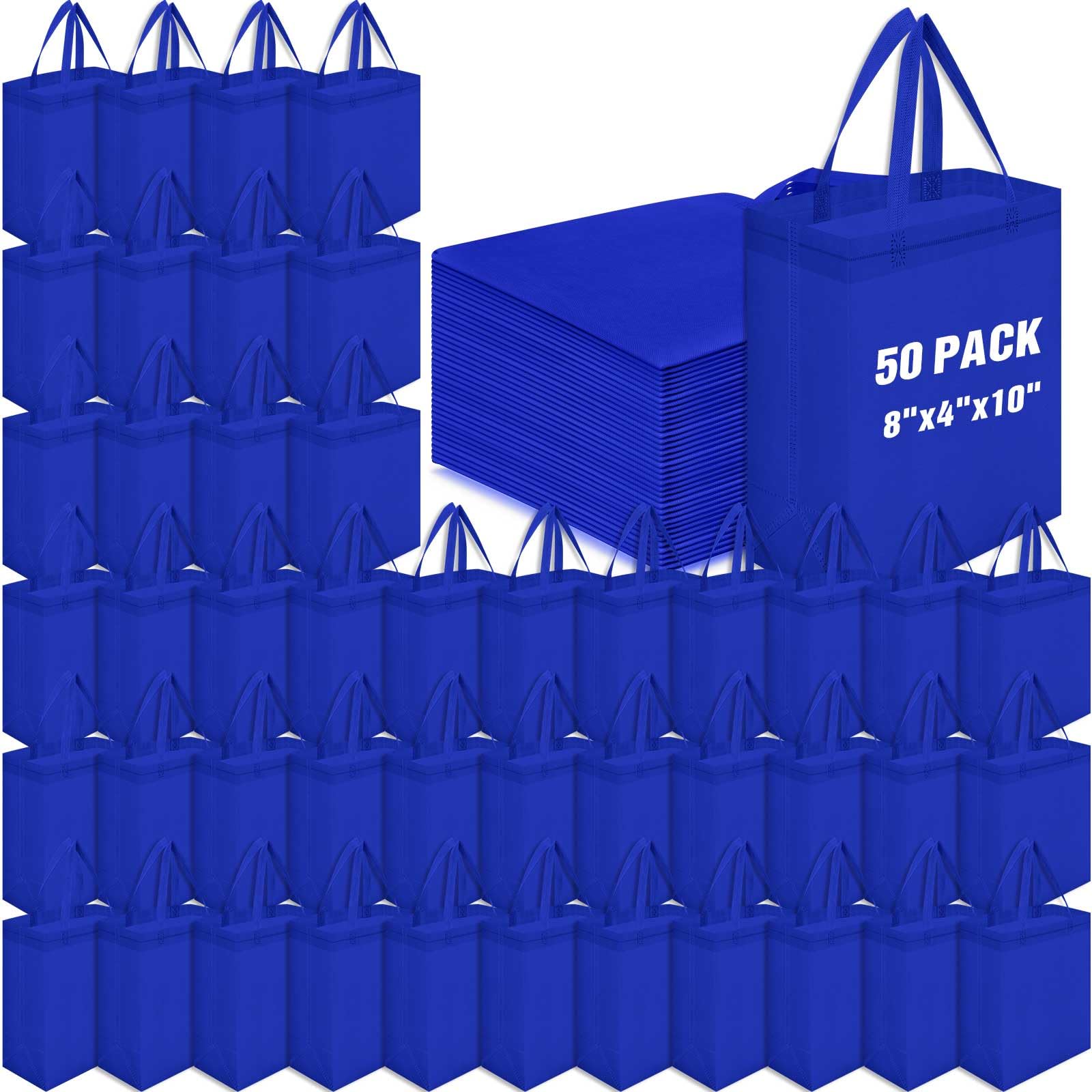 Windyun 50 Pcs Reusable Tote Bag Bulk 8 x 4 x 10 Inch Non Woven Shopping Bag with Handle Christmas Reusable Grocery Gift Tote (Royal Blue)