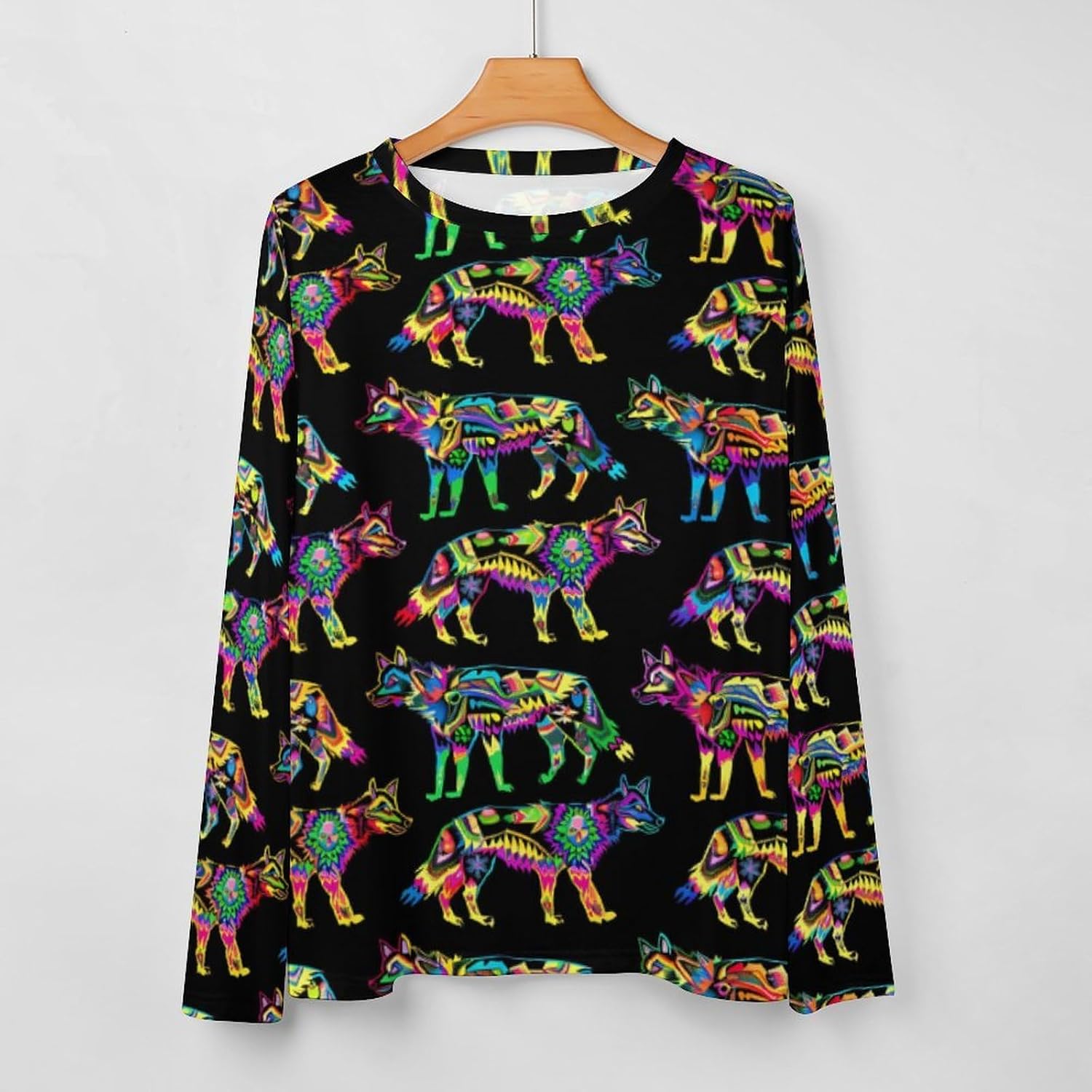 Neon Flower Wolf Women's Pajama Top Sleepwear Pajamas Sleep T-Shirt Long Sleeve Shirt Crewneck Tee