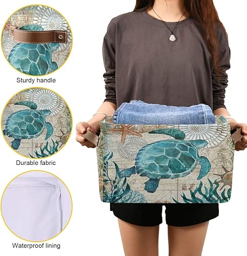 Miniatura 7 de Cesta de almacenamiento de mapa retro de tortuga marina con estrellas de mar náuticas de mar, caja de almacenamiento de juguetes de tela grande con
