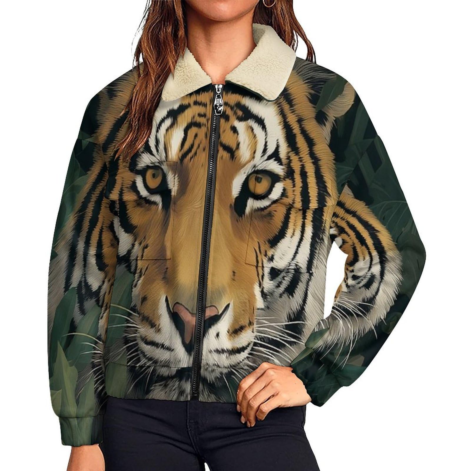 Giacca in Pile da Donna con Chiusura Lampo su Tutta la Lunghezza, Colletto Revers, Cappotto Tigre della foresta Calda Invernale con Tasche, per Escursioni e Tempo Libero