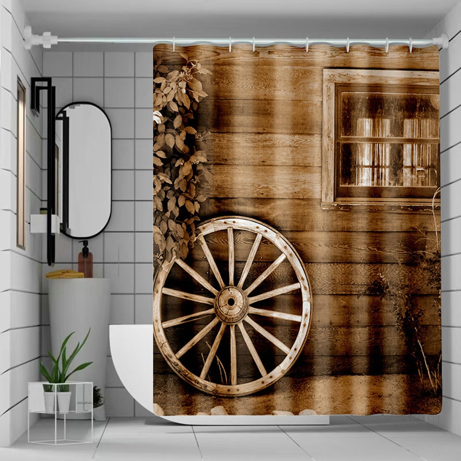 KnSam Duschvorhang Textil 180x200CM, Bad Vorhang Blockhütte, Polyester Badewannen Hotelvorhang mit Duschvorhangringen, Braun