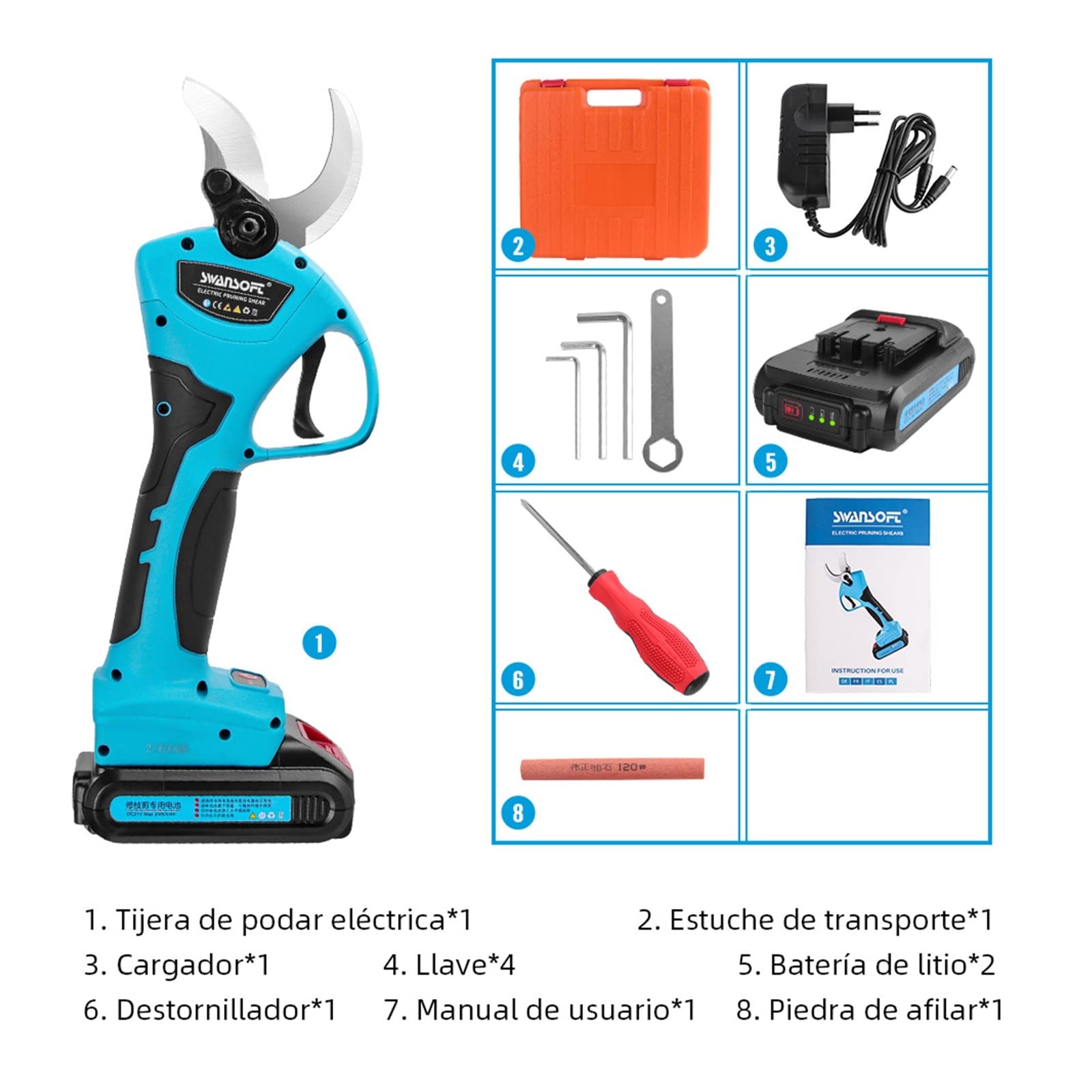 Tijeras de Podar Electricas, Tijeras de jardín, podadora eléctrica inalámbrica, 88VF, 21V, 40mm, podadora eléctrica, batería Recargable, Tijeras de podar, Cortador de jardín(WS-8605 40MM)
