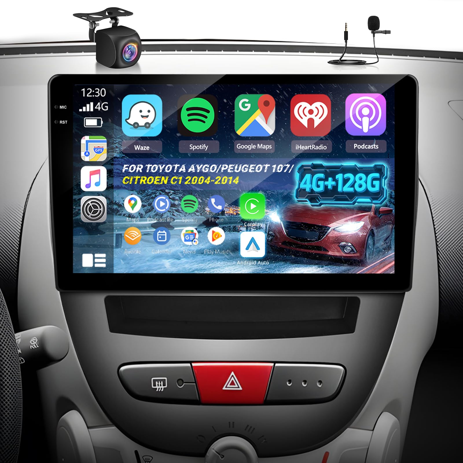 4G+128G Android Autoradio pour Toyota Aygo/Peugeot 107/Citroen C1 2004-2014 avec Carplay & Android Auto sans Fil, Écran Tactile IPS 9 Pouces avec GPS, WiFi, EQ, Bluetooth 5.0, Radio FM/RDS