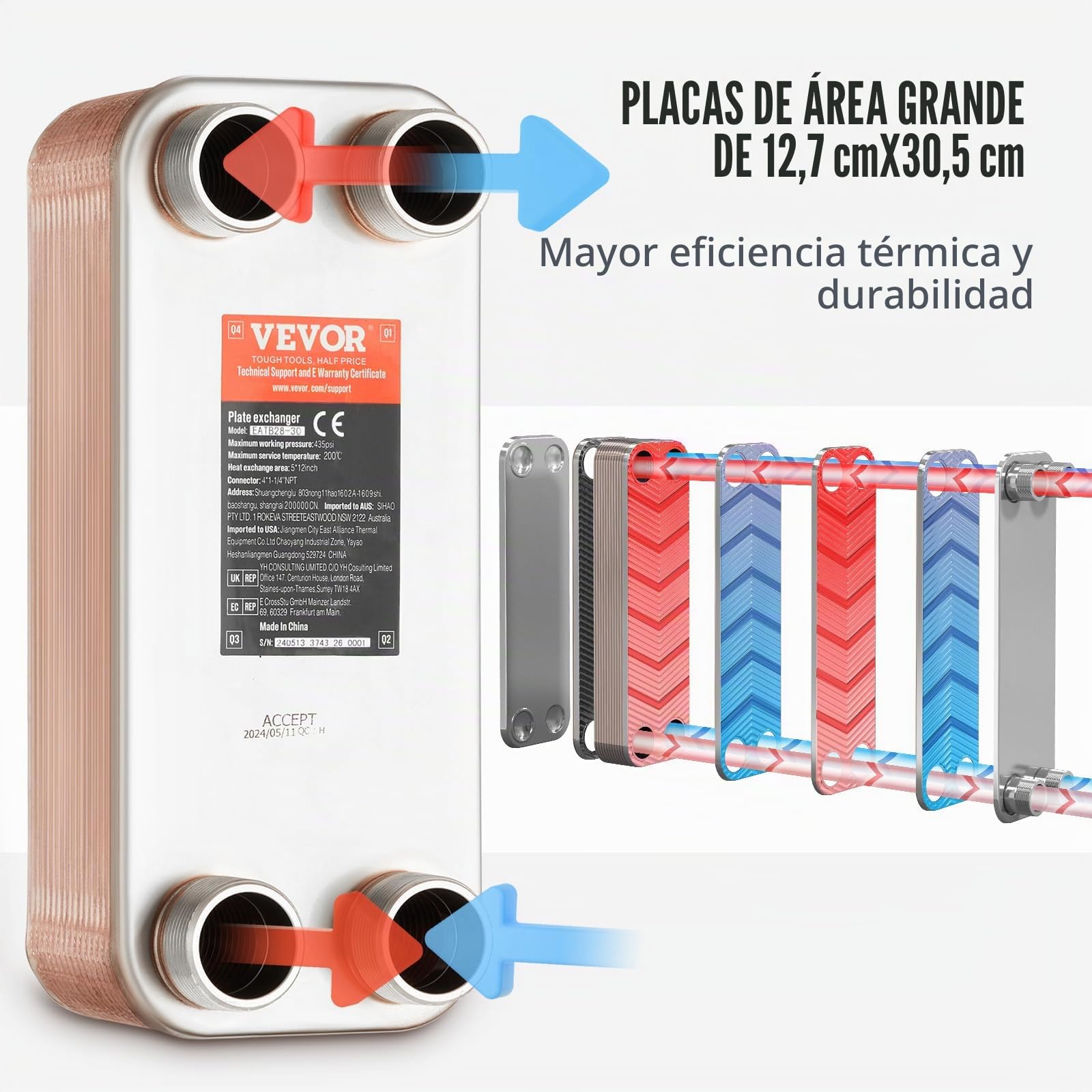 VEVOR Intercambiador de calor de 30 placas soldadas de acero inoxidable 316L de 5 x 12 pulgadas