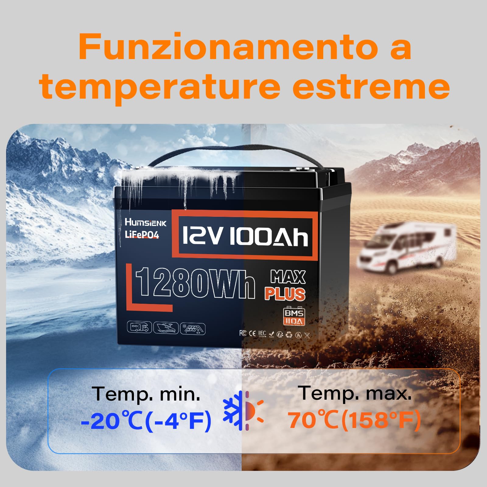 Humsienk Batteria Litio 12V 100Ah Max Plus con 110A BMS, Protezione Dalle Basse Temperature, Max. 15000 cicli, Batteria LiFePO4 12V per Camper, Impianti Solari off-grid, Fotovoltaico Accumulo