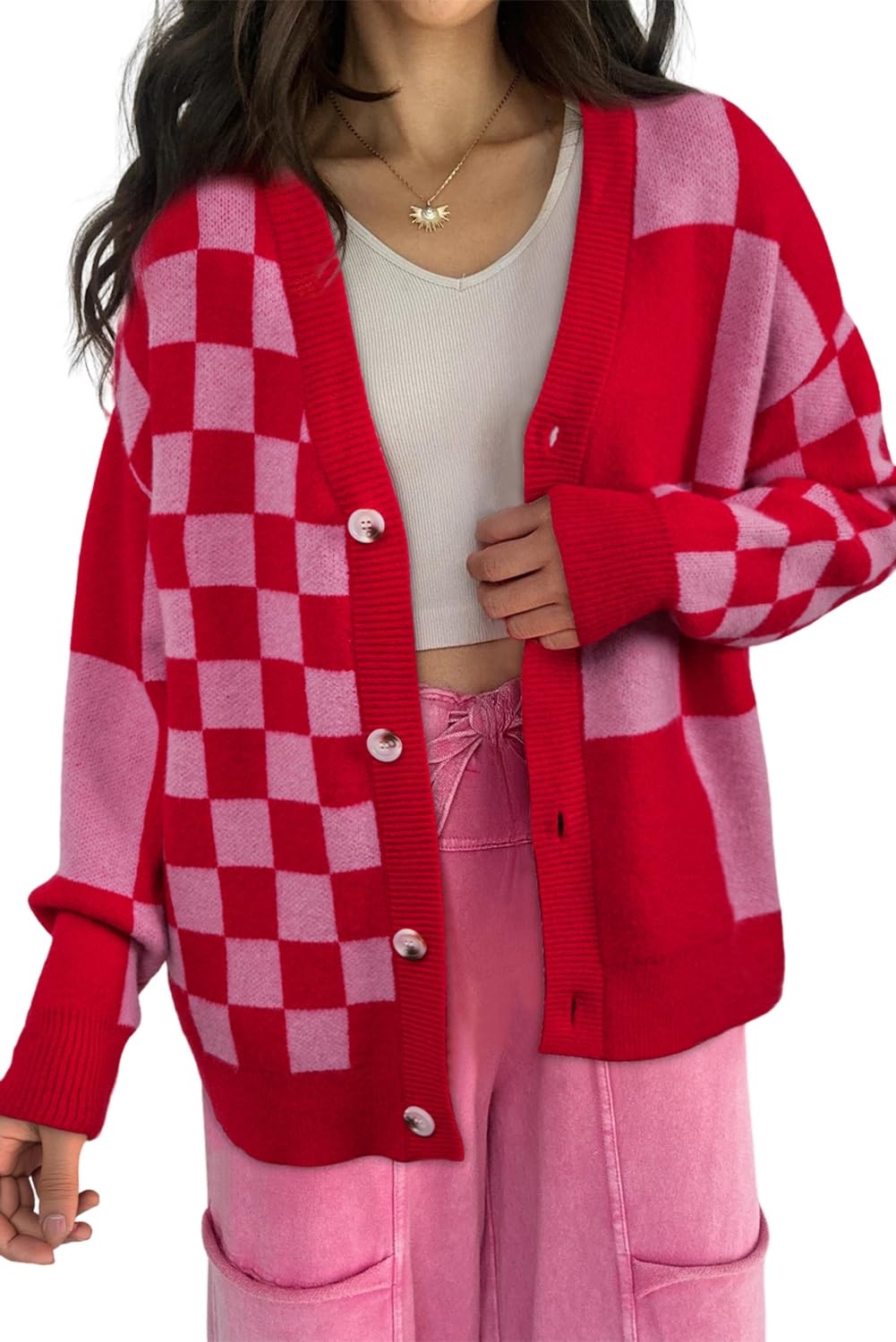 Wolddress Womens Warm Sweaters Fiery Red Mixed Plaid Relaxed Sweater Cardigan