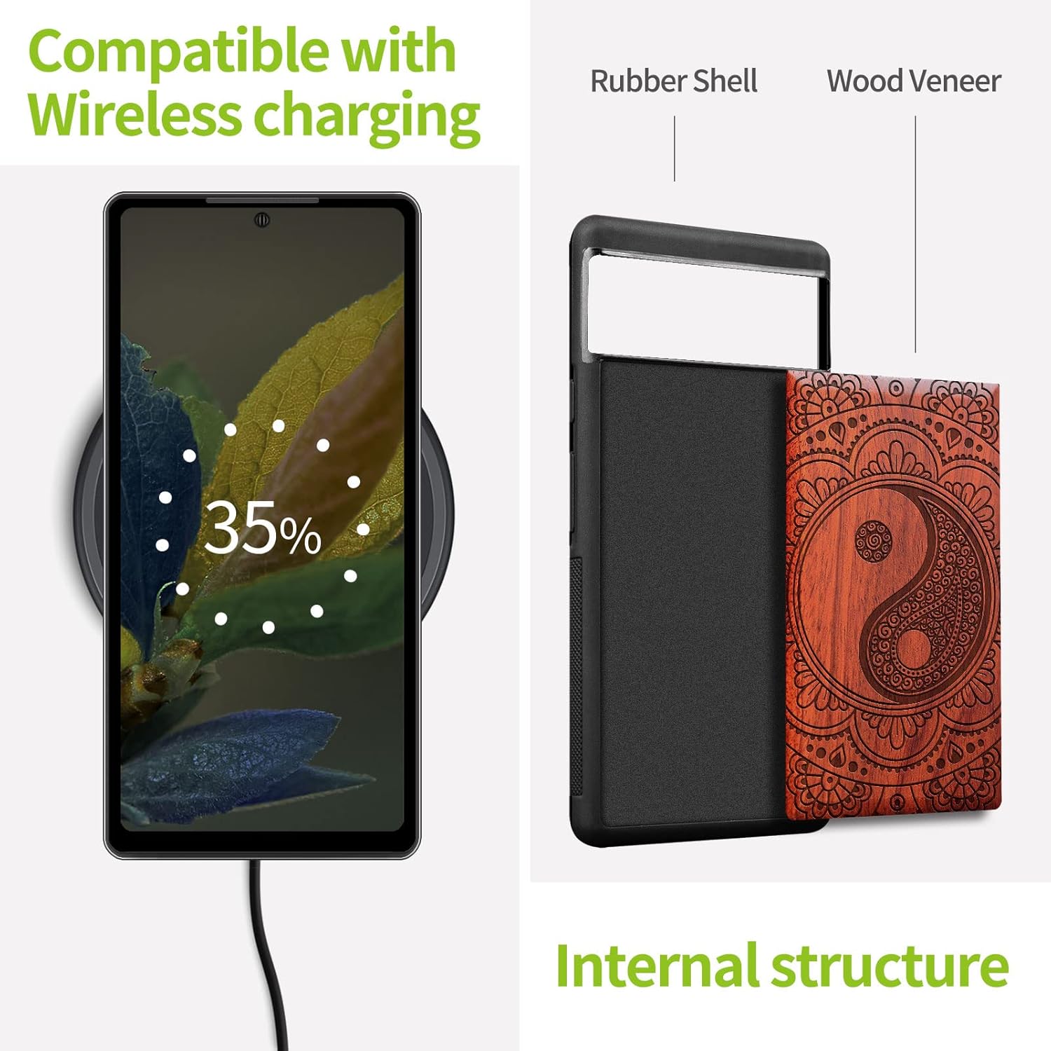 Carveit Wood Case for Pixel 6a Case [Natural Wood & Black Soft TPU] Shockproof Protective Unique Wooden Cover Compatible with Google Pixel 6a (Yin-Yang Mandala-Rosy)