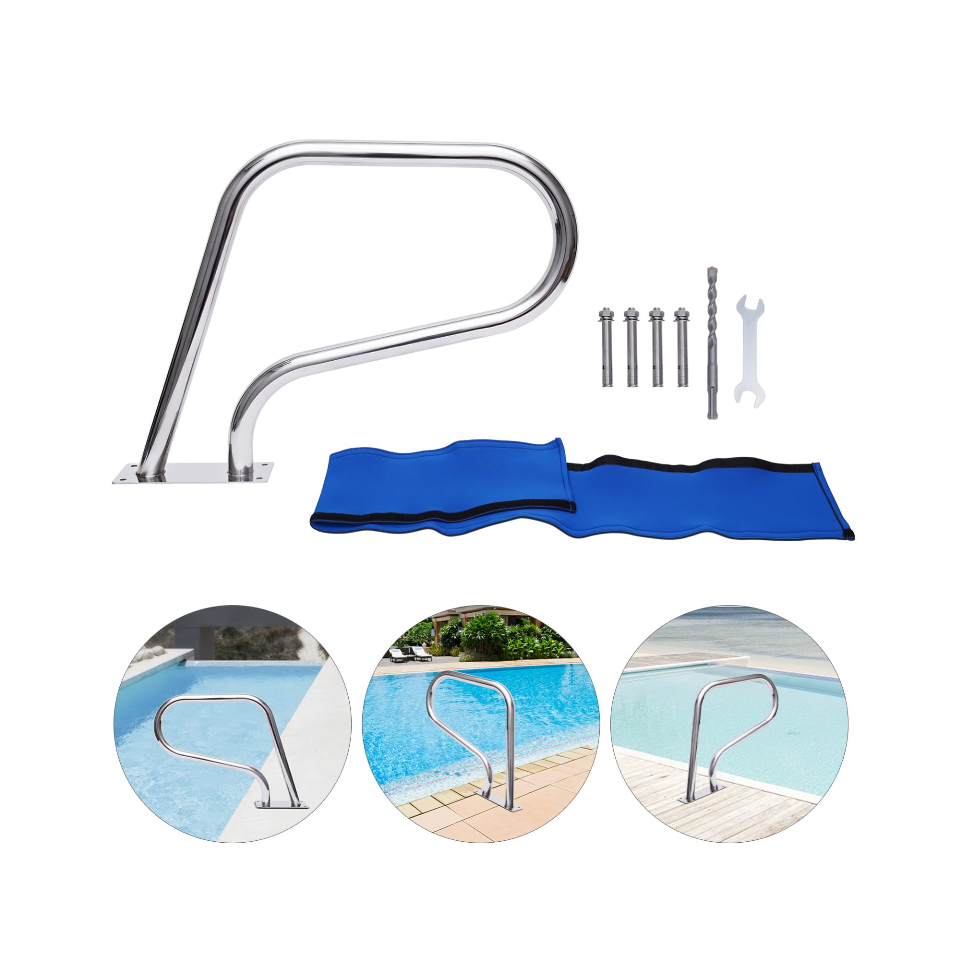 Pasamanos de piscina de acero inoxidable, capacidad de carga de 120 kg, ayuda de entrada en forma de U con cubierta de mango de neopreno, pasamanos de piscina inoxidable para piscinas inclinadas spa