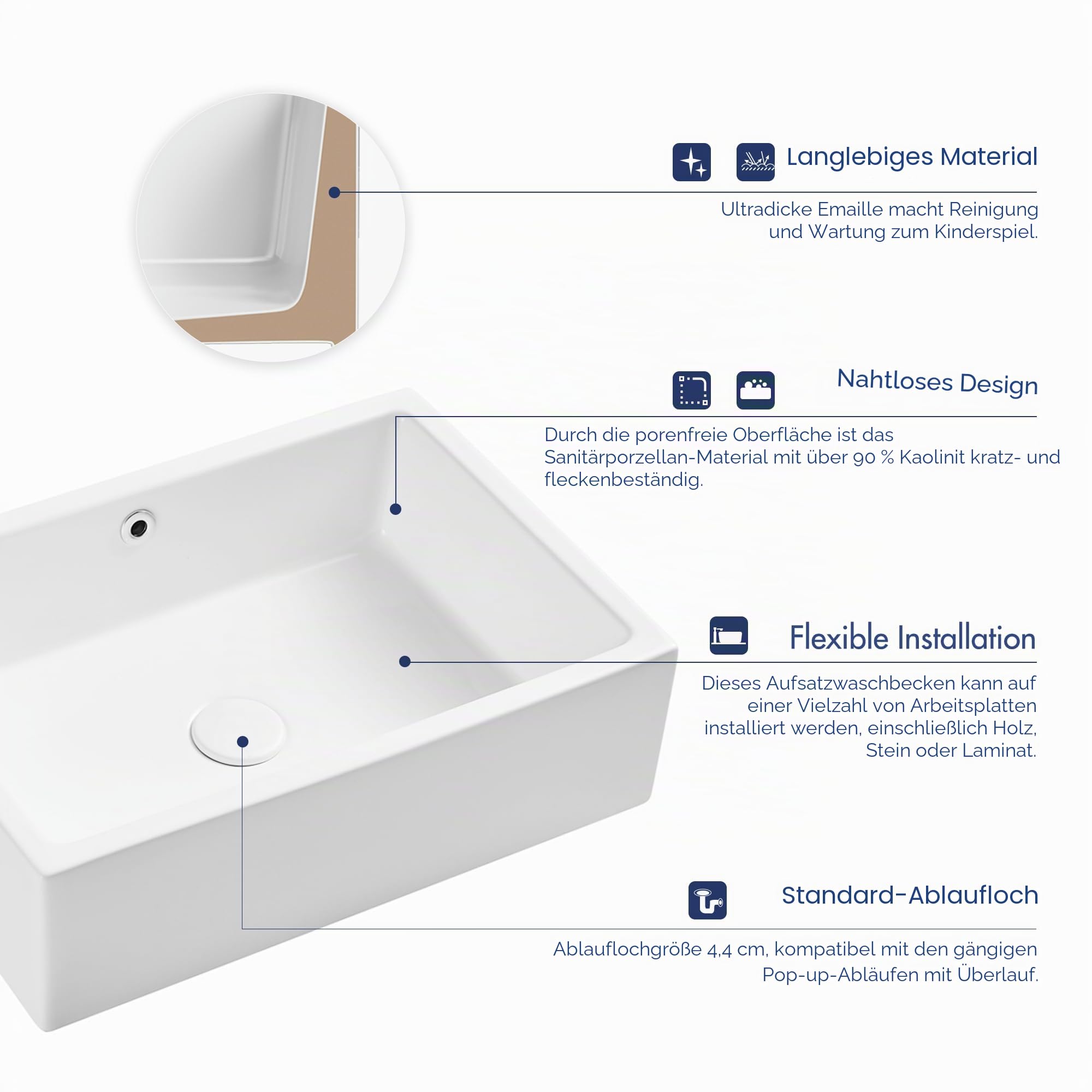 Eridanus Keramik Waschbecken, Aufsatzwaschbecken für Badezimmer-Gefäß, Moderne Waschschale Weiß, Waschplätze Tischwaschbecken, Aufsatzbecken Rechteckig 510 x 370 x 150 cm Handwaschbecken Waschtisch
