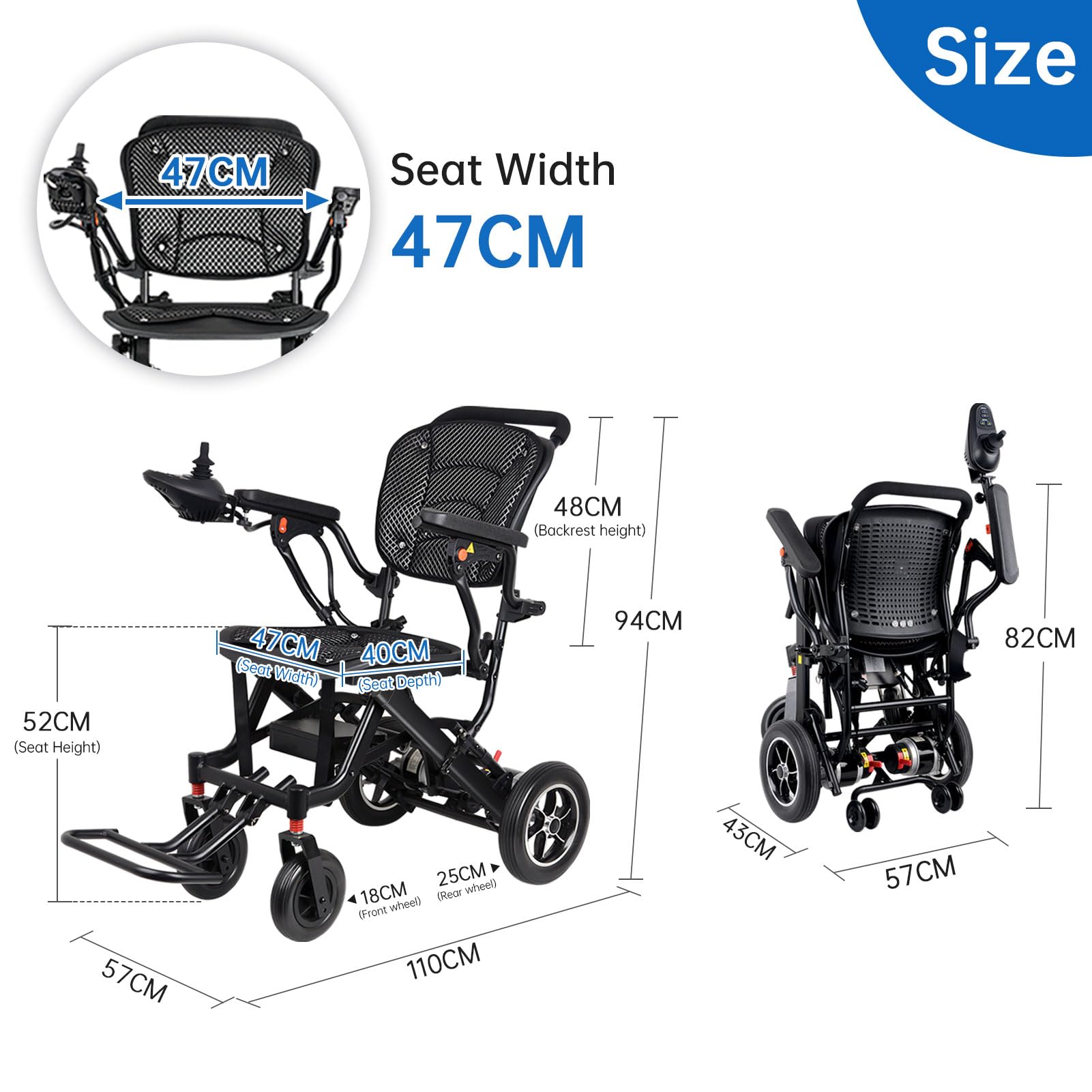Składany elektryczny wózek inwalidzki o szerokości 47 cm, super ultralekkie składane wózki inwalidzkie (tylko 18 kg), wspomagany mobilność wózek inwalidzki do podróży