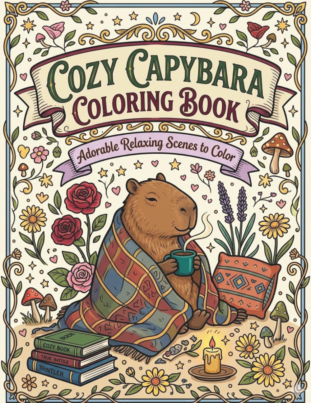 Cozy Capybara Coloring Book For Adults: 32 Adorable Relaxing Scenes to Color