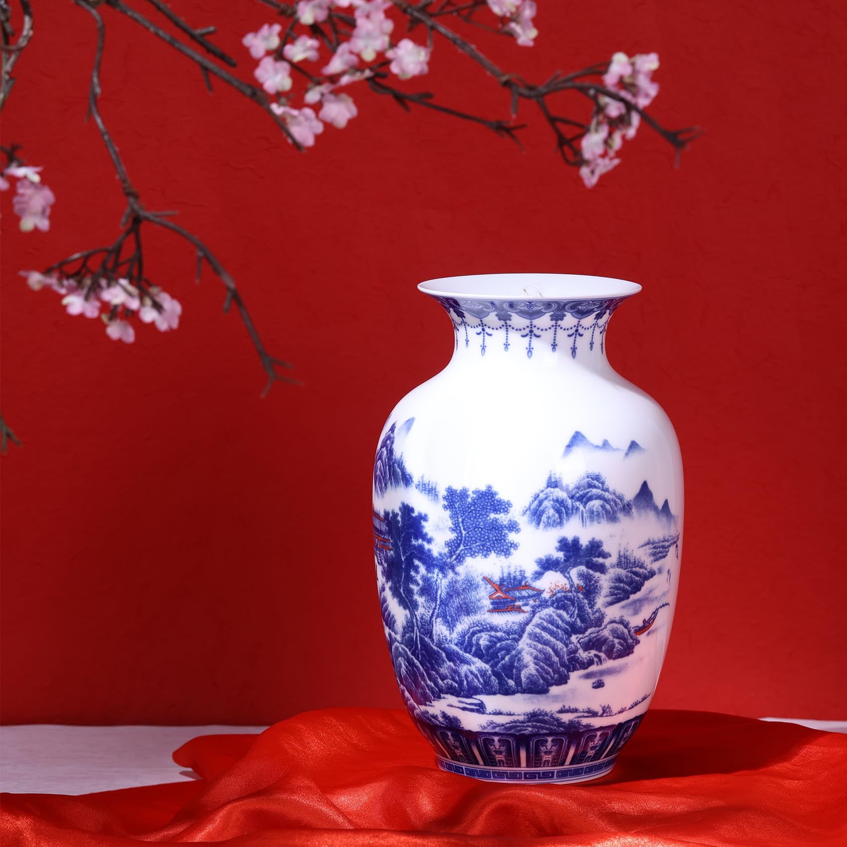 Vaso artigianale in porcellana blu e bianca, corpo sottile, design tradizionale cinese con zucca invernale a parete sottile e bocca larga, perfetto per la decorazione della casa, della scrivania e