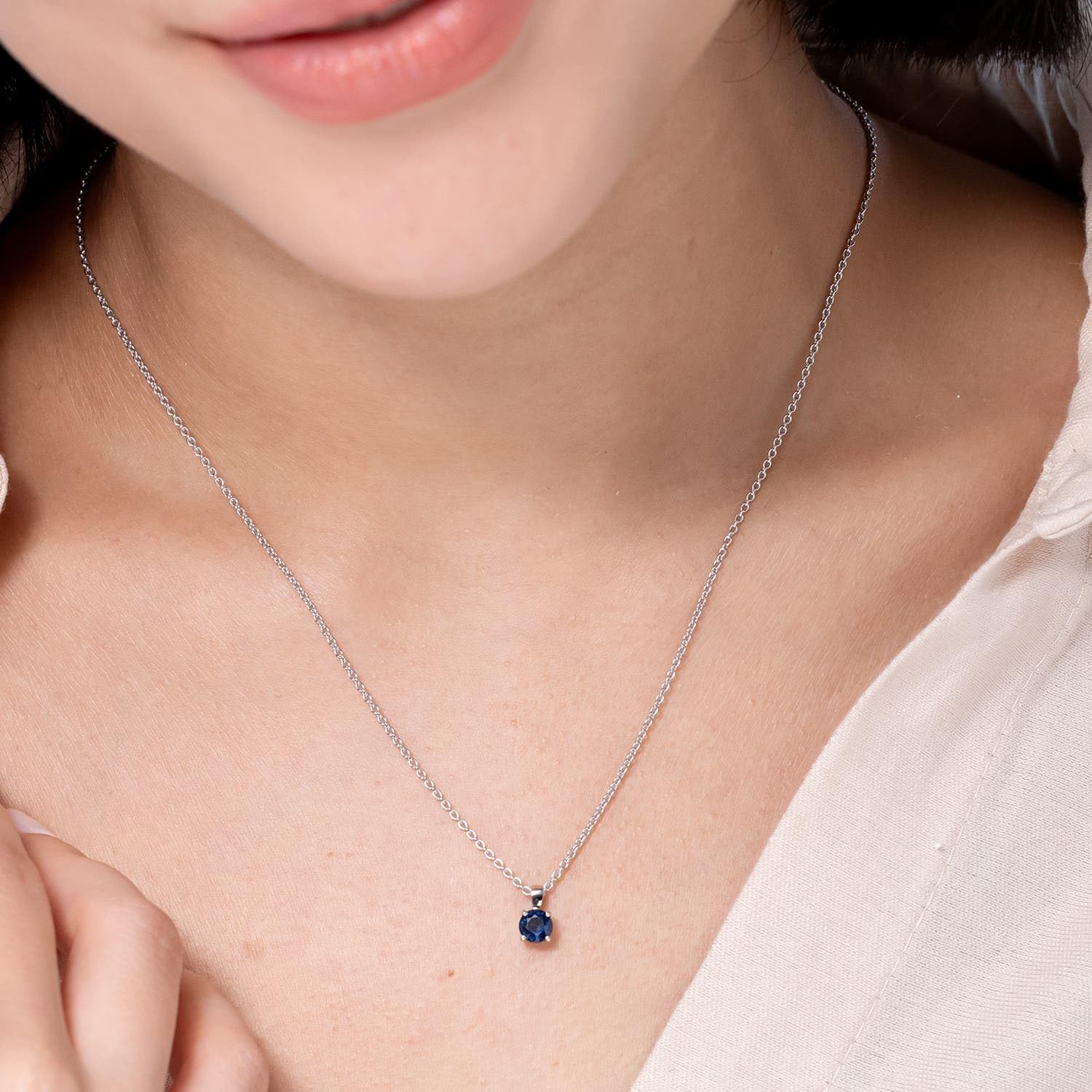 Angara Natural Blue Sapphire Solitaire Pendant for Women | Classic Prong-Set Round Blue Sapphire Pendant in 14K Solid Gold/Silver/Platinum With 18" Chain | September Birthday, Gemstone Jewelry Gift - Image 3