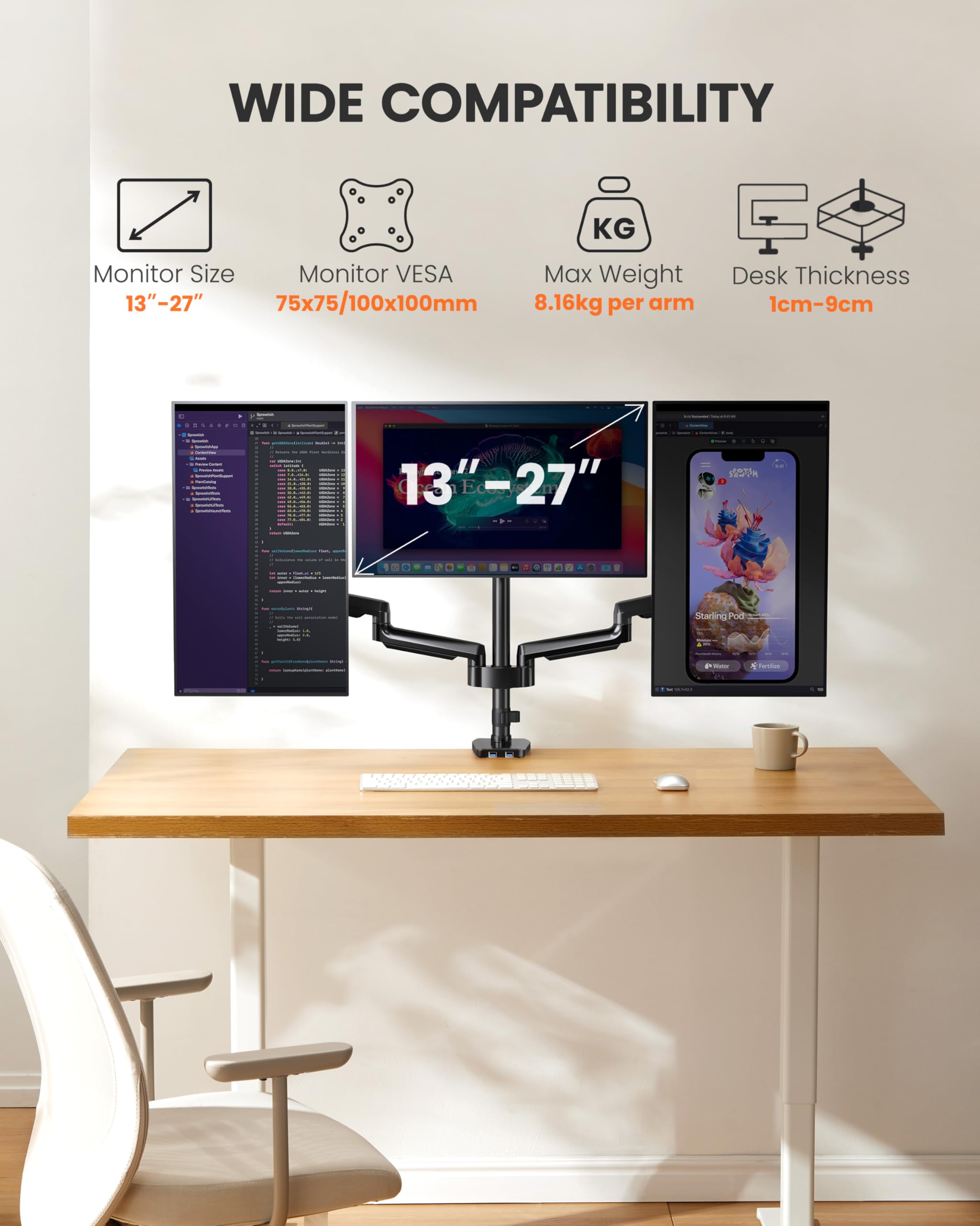 ErGear Monitor Halterung 3 Monitore für 13 bis 27 Zoll Bildschirme, Bildschirmhalterung 3 Monitore mit 2 USB-Anschlüssen; Jeder Monitorarm trägt max. 8kg, Gaming Monitorhaltrung mit VESA 75/100