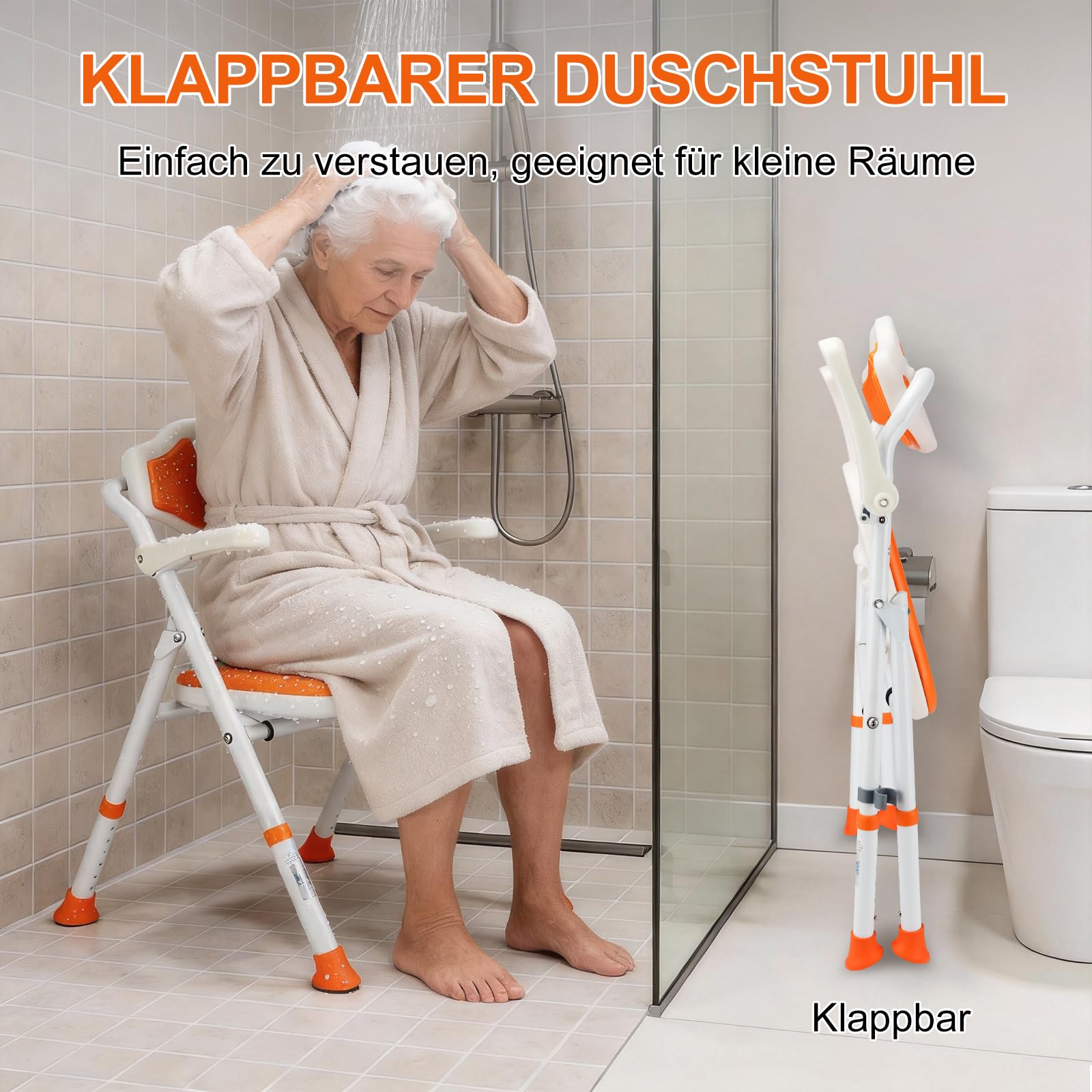 Duschstuhl für Senioren, Duschhocker Klappbar Höhenverstellbar, Anti-Rutsch Duschstuhl mit Hochklappbare Armlehnen, Rückenlehne für Dusche Schwangere, Tragfähigkeit 120kg