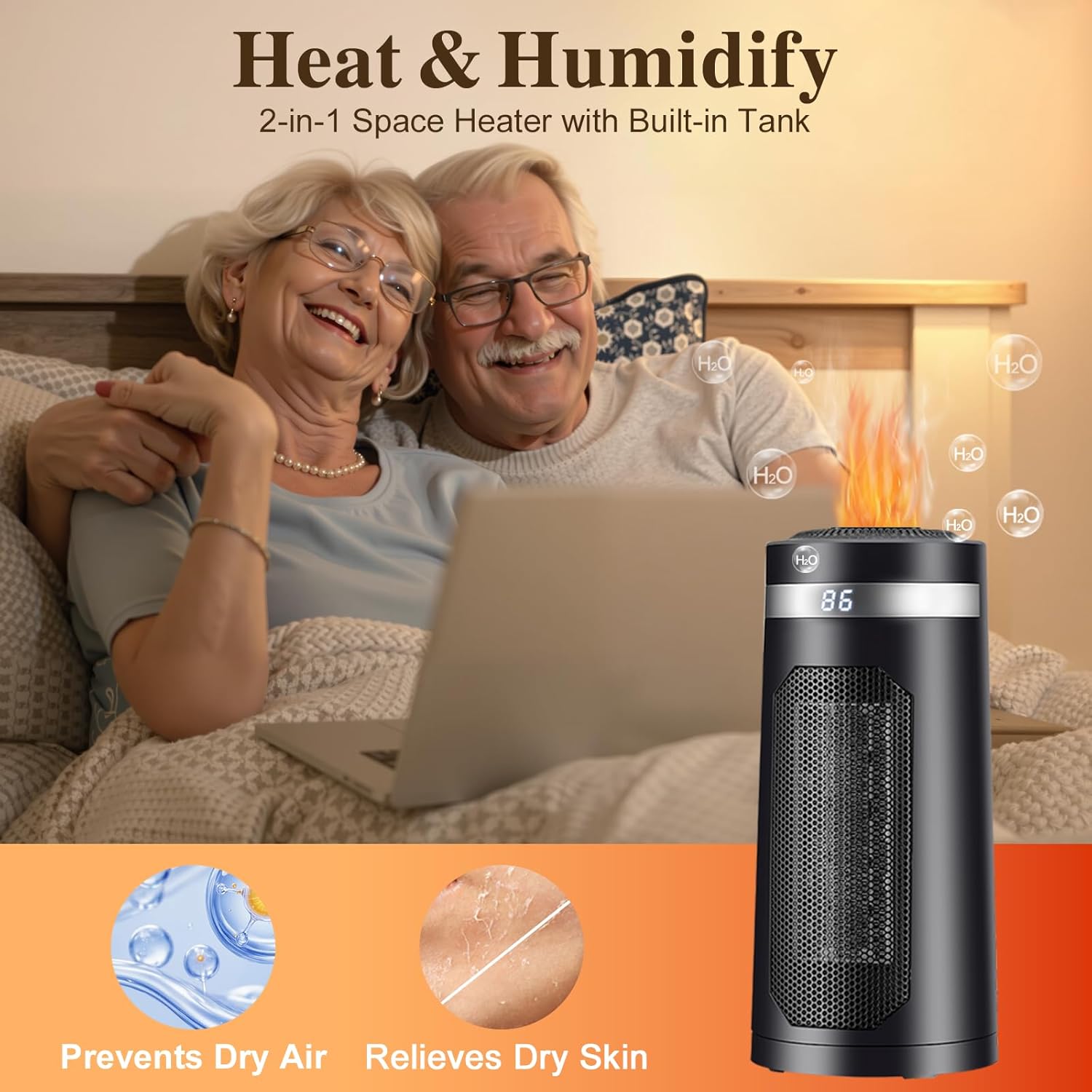 Space heaters for Indoor use, Space heater with humidifier,750w/1500W,Oscillating heater,with Tip-Over,PTC Material Rapid Heating,Humidifier with Ambient Light,12-hour timer, for 50-200 sq ft