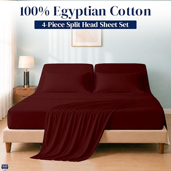 4 PC Flex Top Split Head Queen Sheet Set, 28 Split, Burgundy Solid